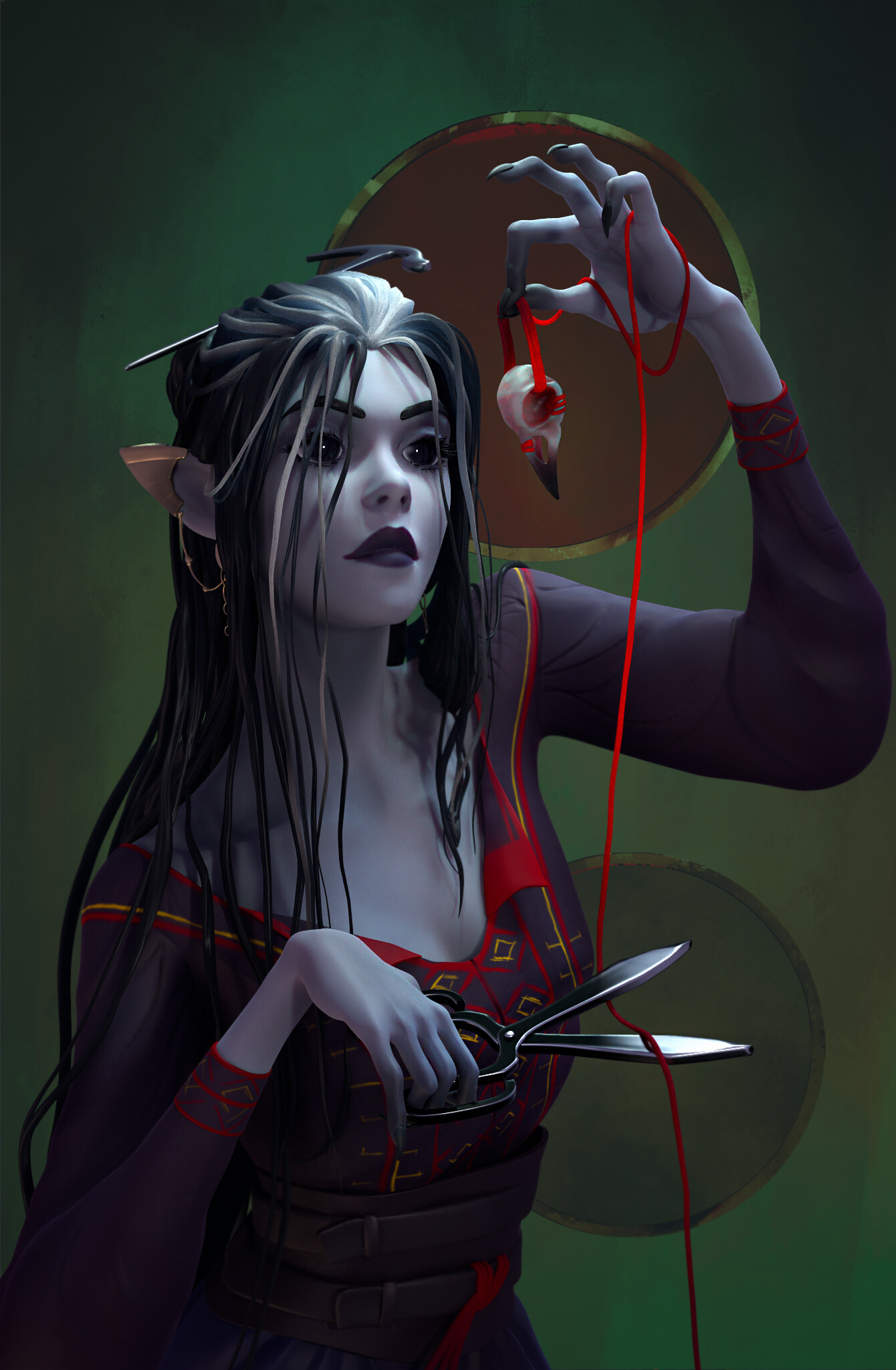 Irin Zhitkova Artwork Fantasy Art Fantasy Girl ArtStation Black Hair Pointy Ears Dark Eyes Purple Li 1340x2048