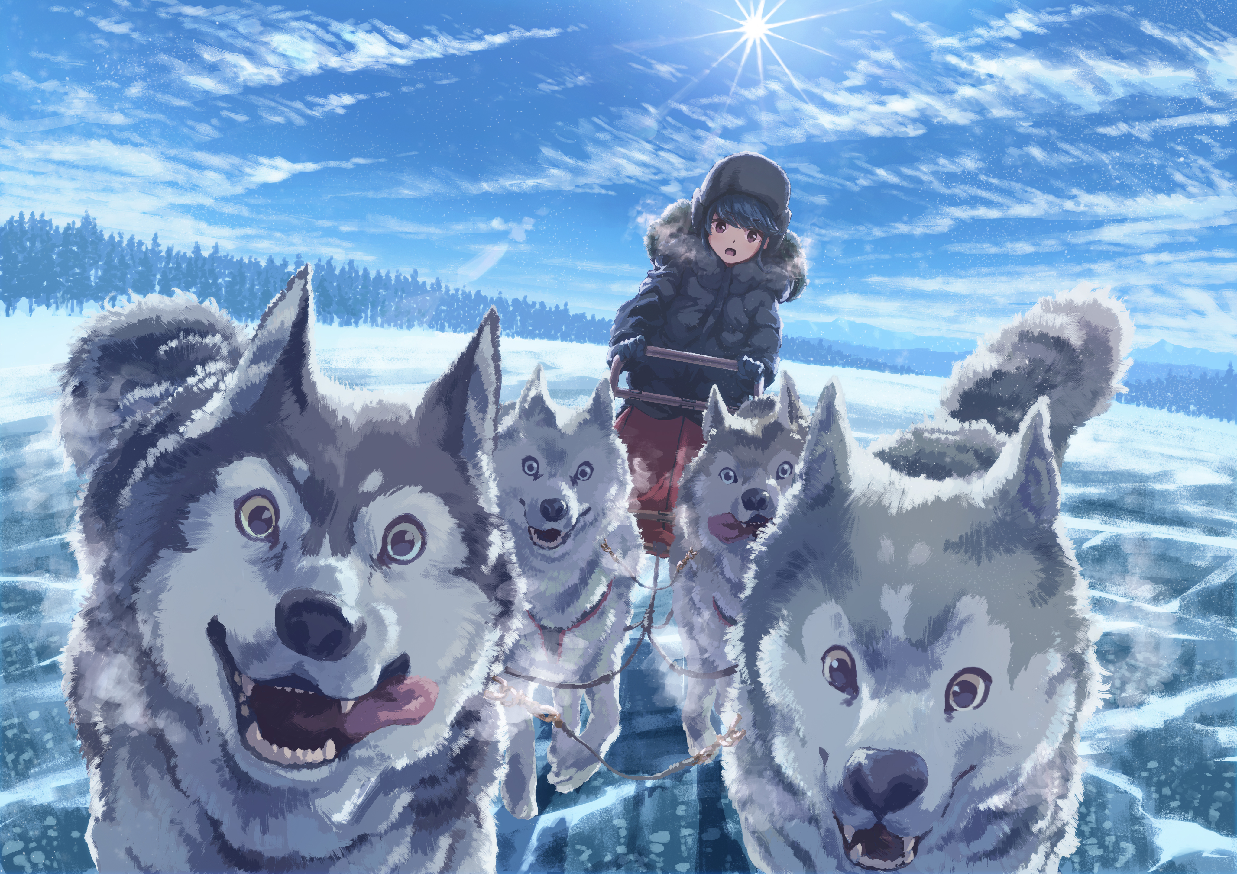 Anime Anime Girls Sun Sky Clouds Forest Snow Purple Eyes Blue Hair Siberian Husky Open Mouth Ice Sle 4093x2894