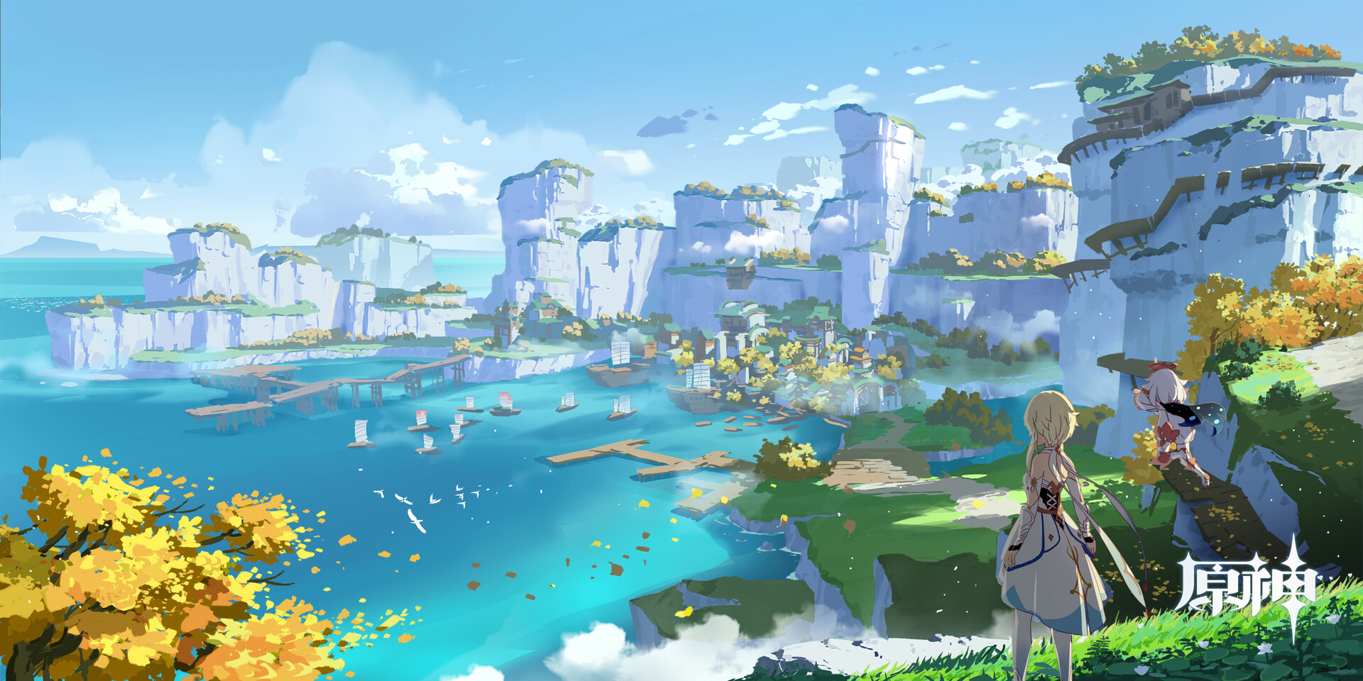 Aze K Digital Art Landscape Fantasy Art Fantasy City Harbor Clouds Water  Genshin Impact Anime Wallpaper - Resolution:1920x960 - ID:1233010 -  