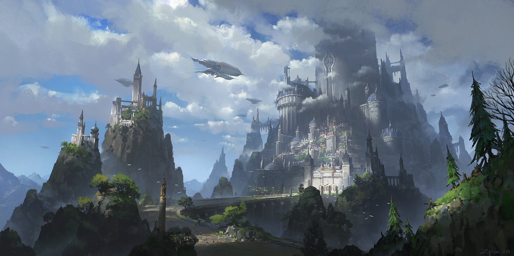 Digital Art Landscape Pengzhen Zhang Castle Fantasy Architecture Clouds Airships Great Castle 1800x898