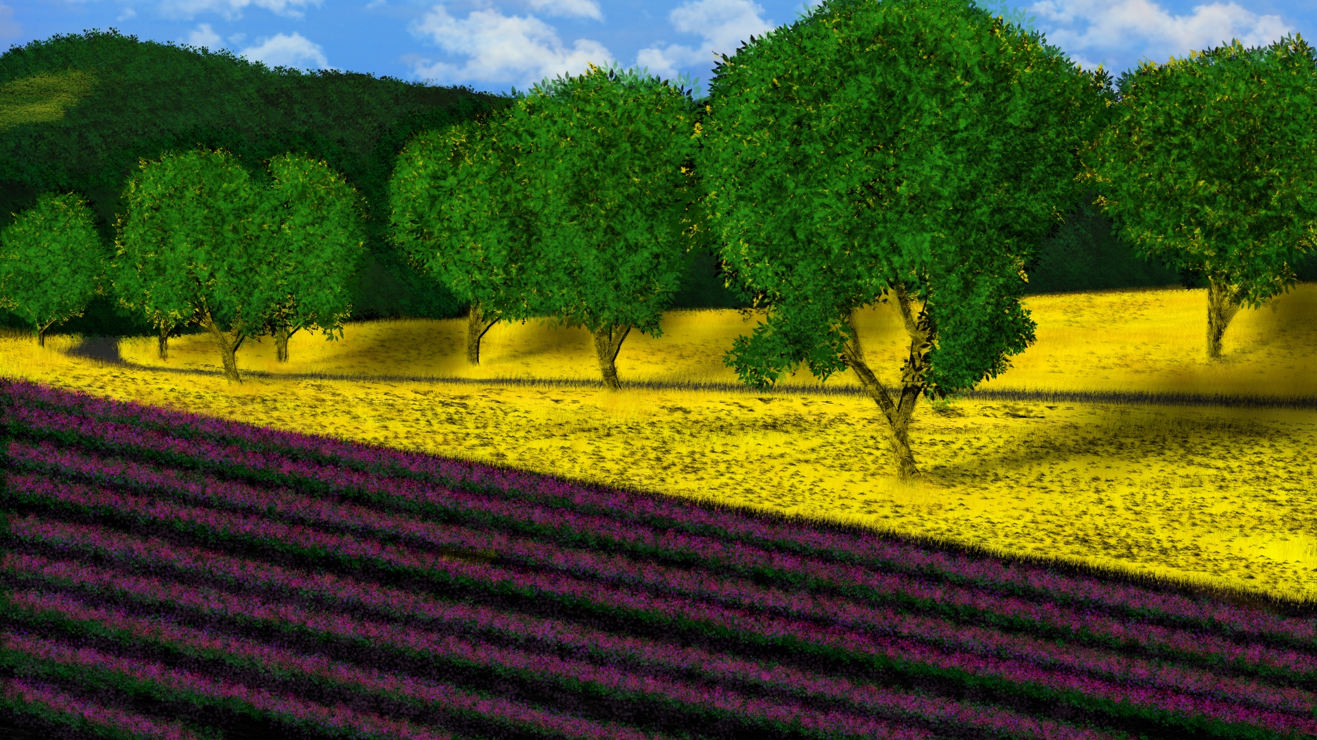 Digital Painting Digital Art Nature Field Hills 1920x1080