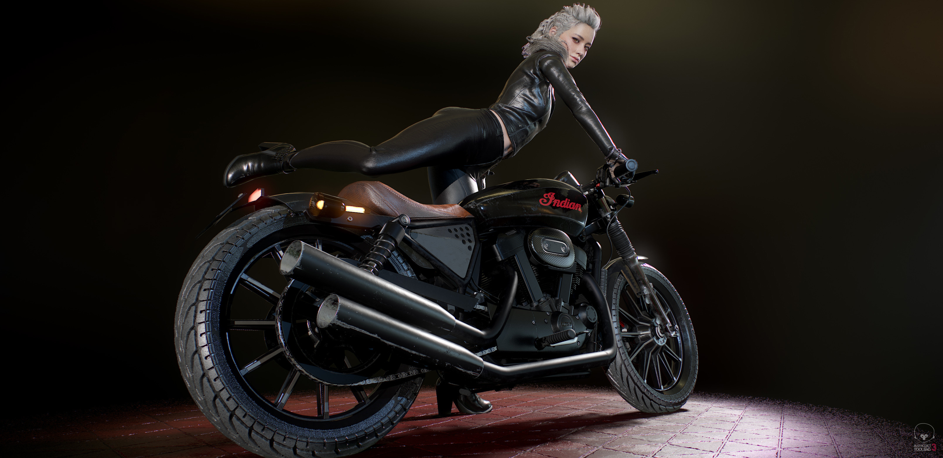 Seungmin Kim Digital Art Artwork 3D 3d Design Motorcycle Women Black Clothing Helmet Blonde Vehicle  3220x1566