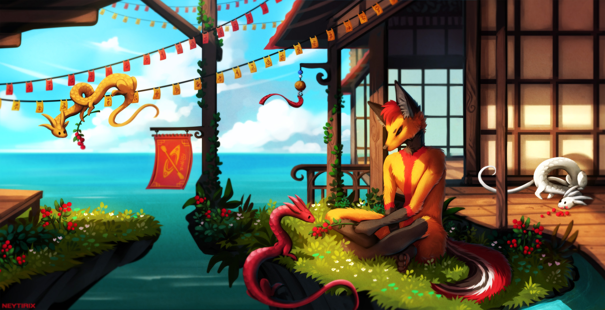 Digital Art Dragon Neytirix Anthro Boathouses Fox Berries Watermarked Chinese Dragon 2100x1078