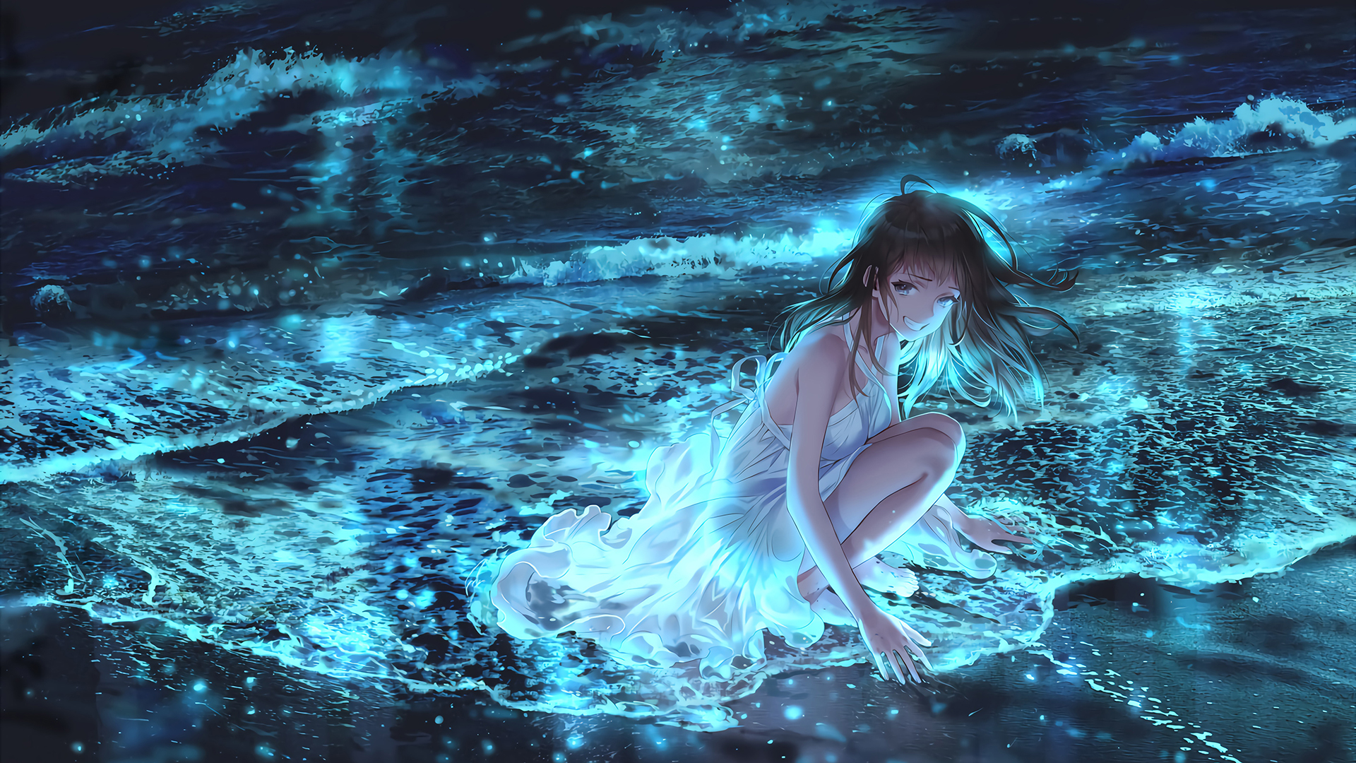 Anime Girls Anime Water Brunette Grin Sea Looking At Viewer White Dress Dress White Clothing Women O 1920x1080