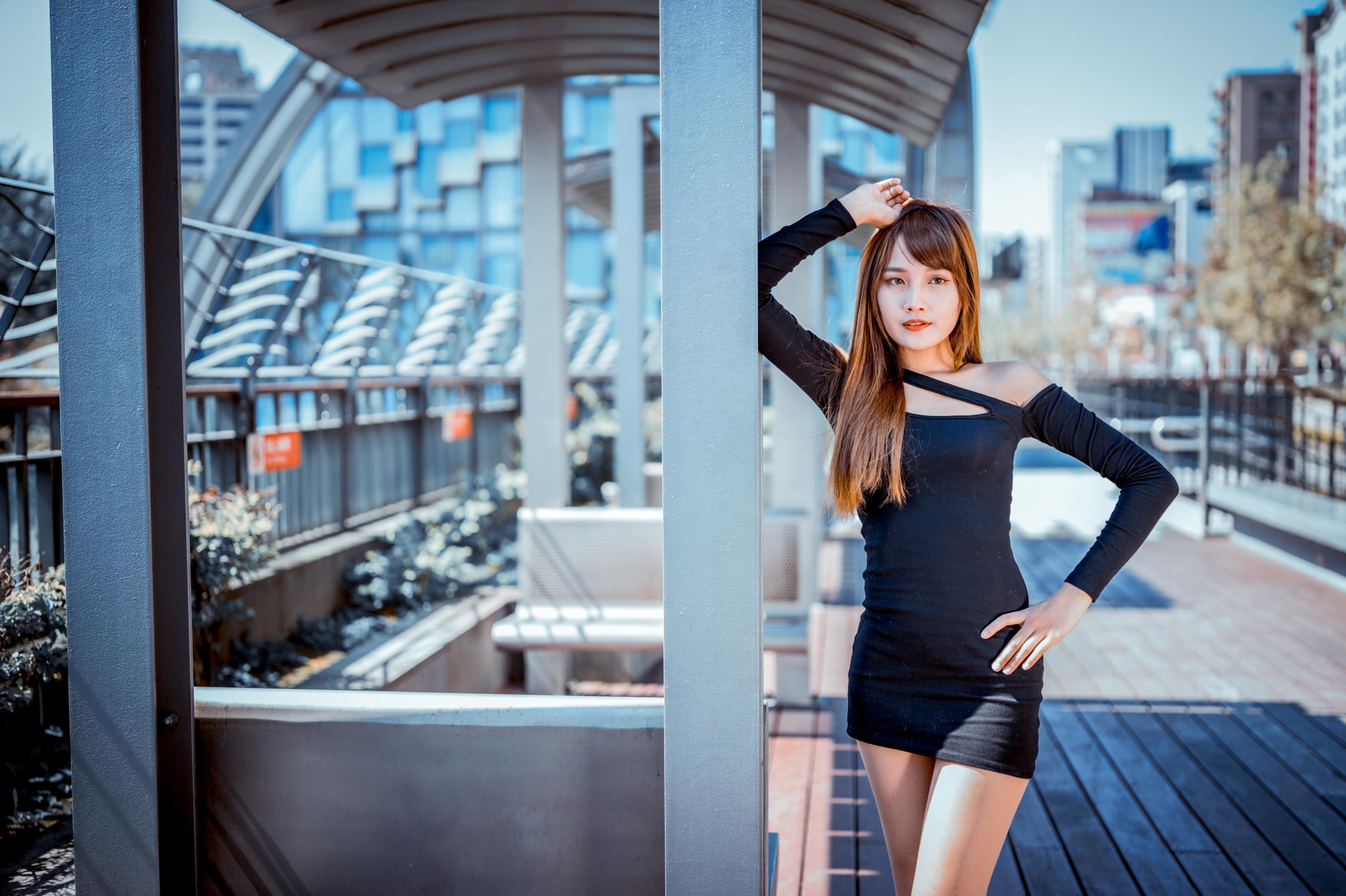 Asian Model Women Long Hair Dark Hair Depth Of Field Black Dress Stairs Railing Building Column Lean 2281x1520