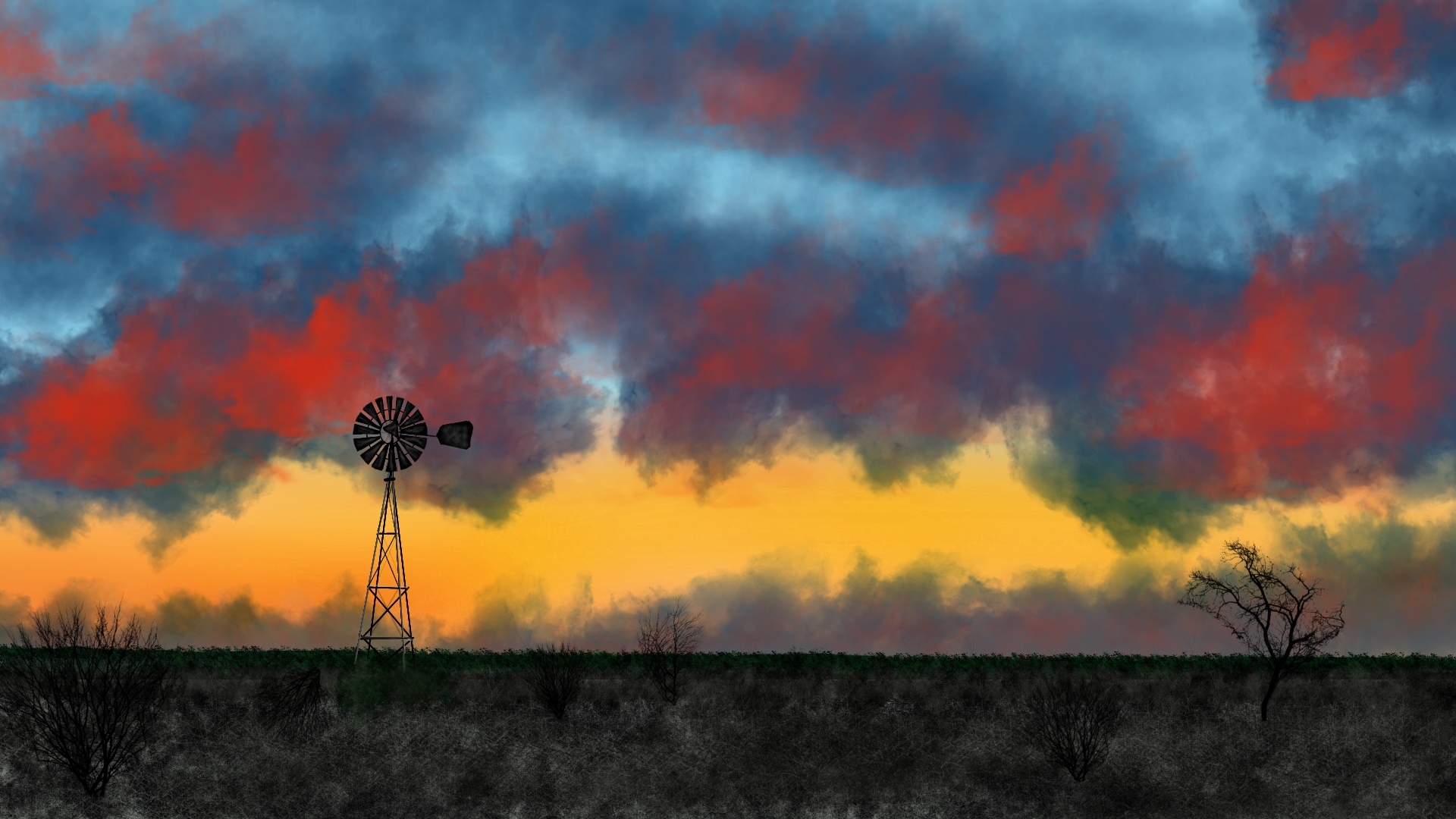 Digital Painting Digital Art Nature Sunset Windmill 1920x1080