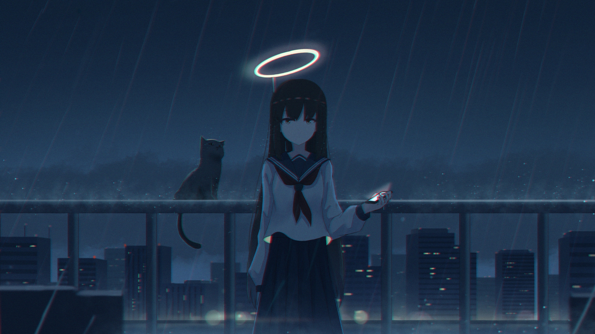 Anime Anime Girls Nimbus Rain Cats City City Lights Smartphone Long Hair Dark Hair Sailor Suit Fence 1920x1080