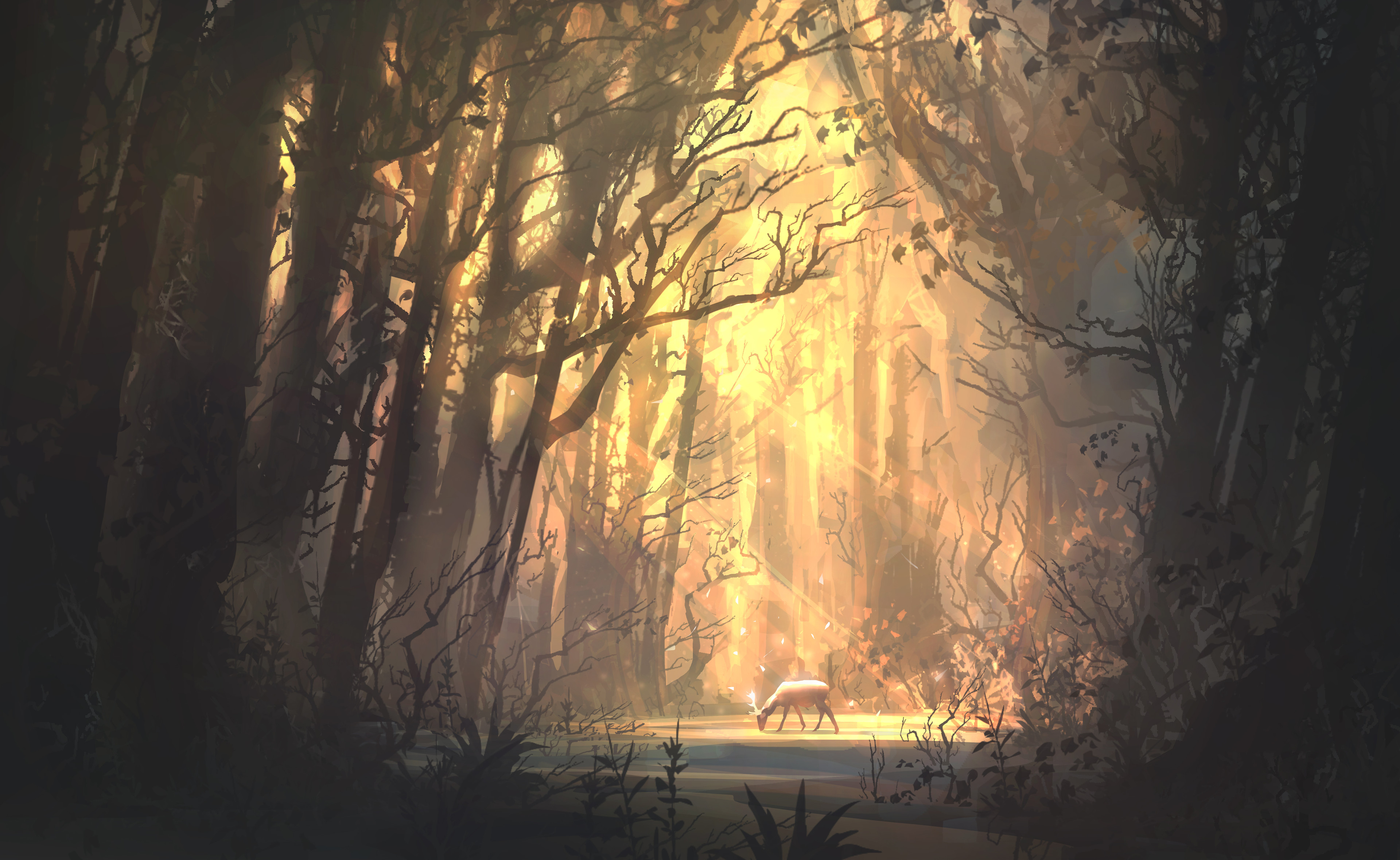 David Frasheski Sun Rays Sunlight Digital Art Deer Trees Forest Landscape Drawing Artwork ArtStation 3840x2359