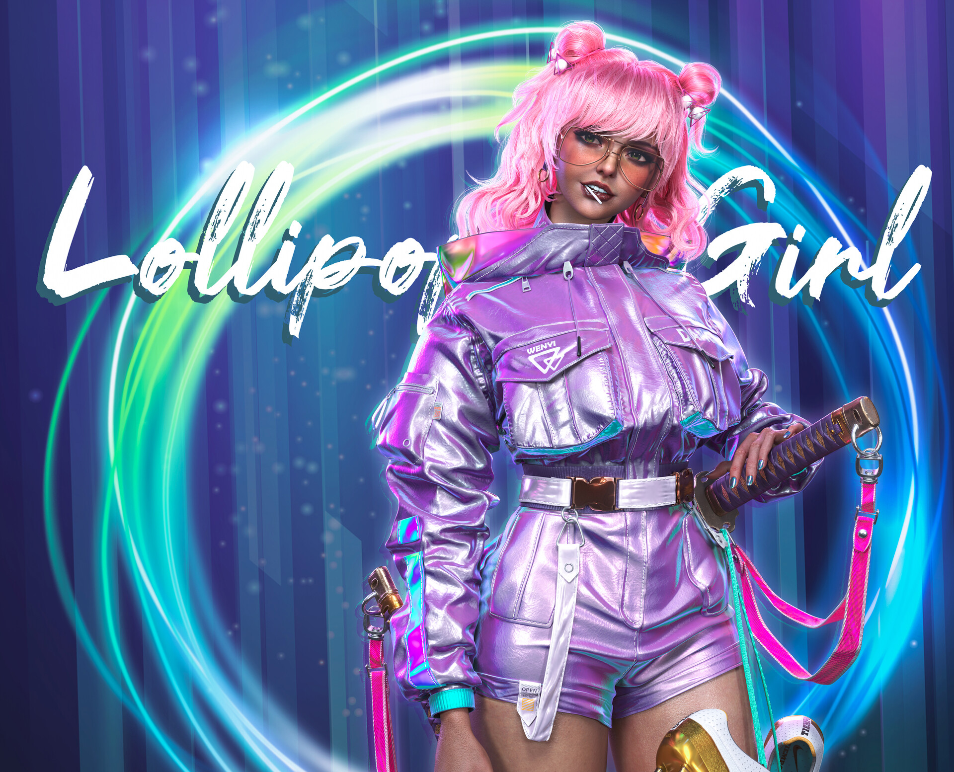Winnie Gao Women Lollipop Food Sweets Pink Hair Digital Art Shades Women With Swords Women With Shad 1920x1554