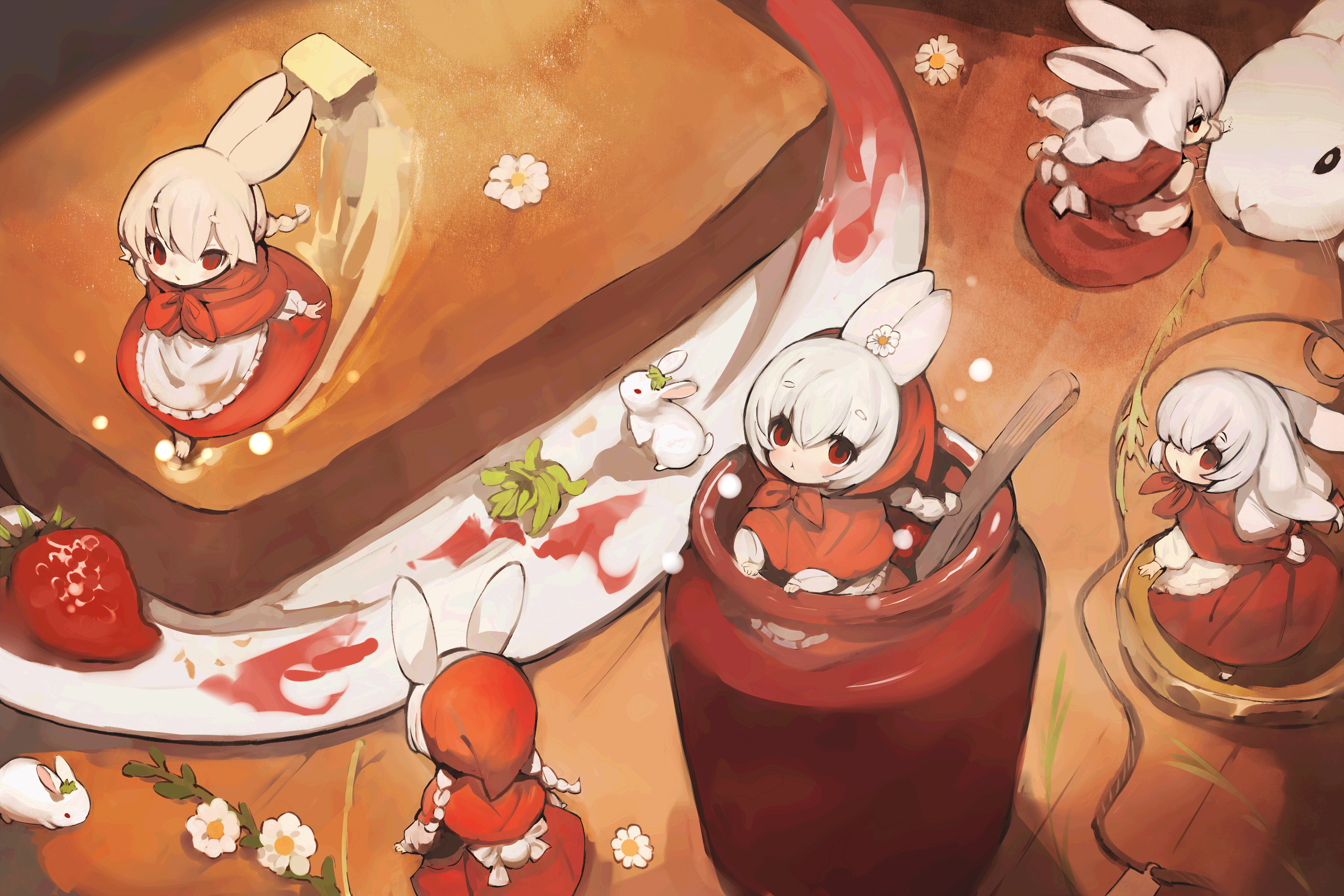 Anime Anime Girls Rabbits Red Eyes Red Clothing Flowers Table Toast Spoon Jam Butter Blonde Chamomil 3000x2000