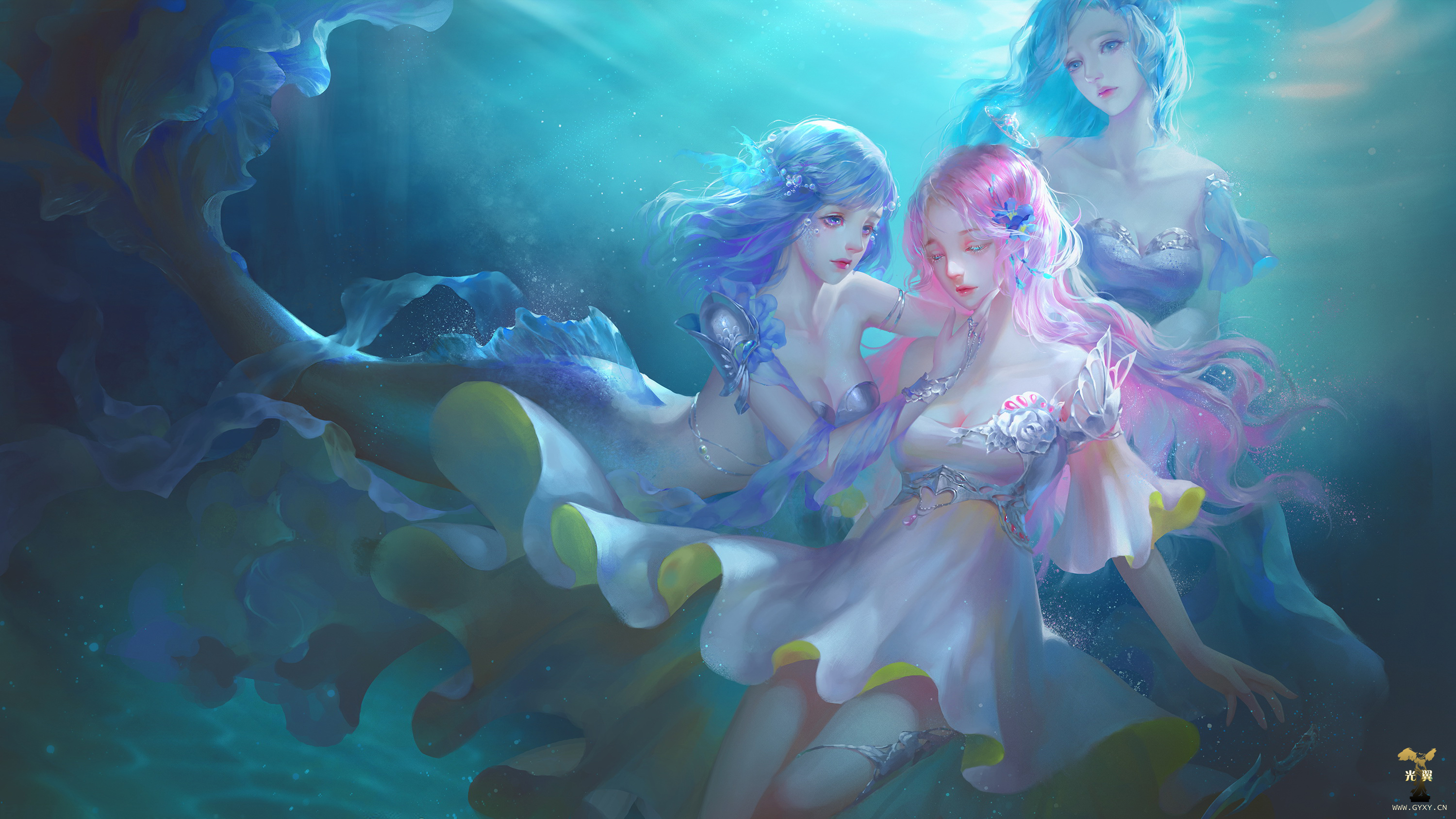 Aqua Hair Blue Hair Mermaid Pink Hair Underwater 3000x1688