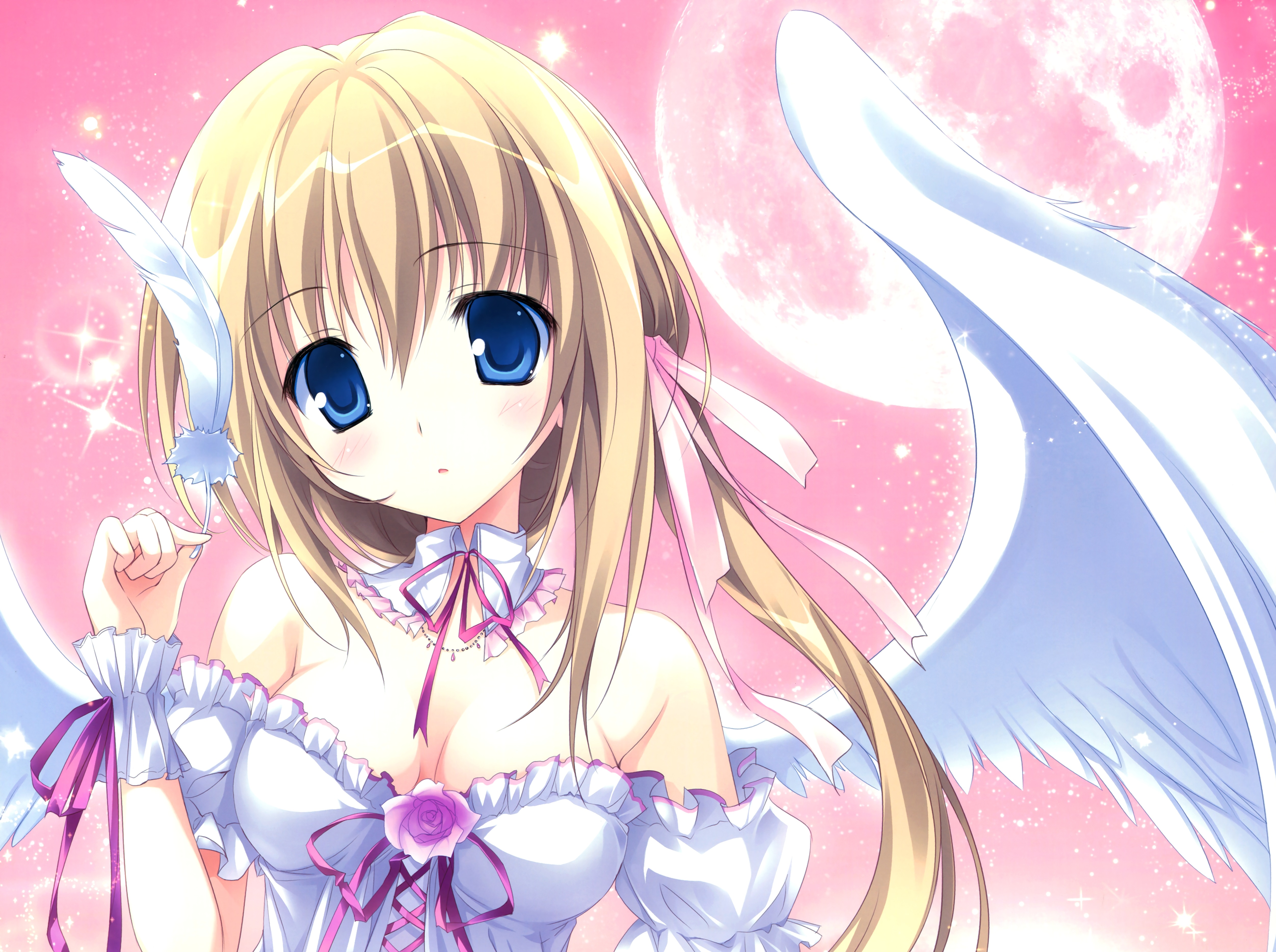Blonde Blue Eyes Blush Feather Long Hair Moon Twintails Wings 5008x3736