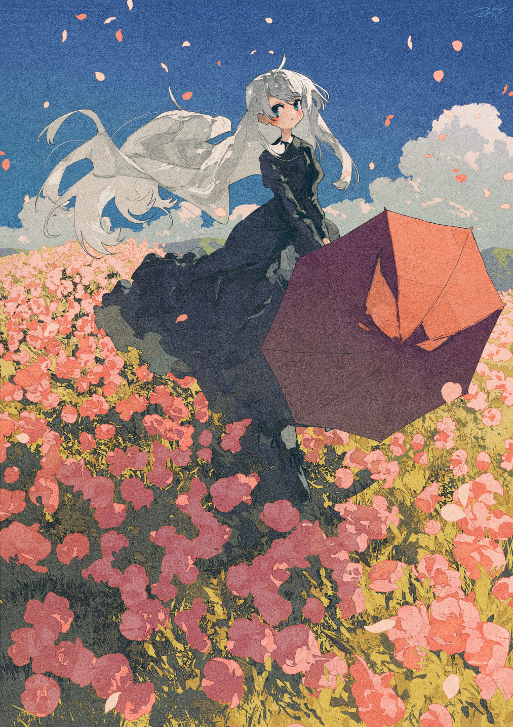 Anime Anime Girls Potg Artwork Dress Umbrella Long Hair Flowers 1013x1433