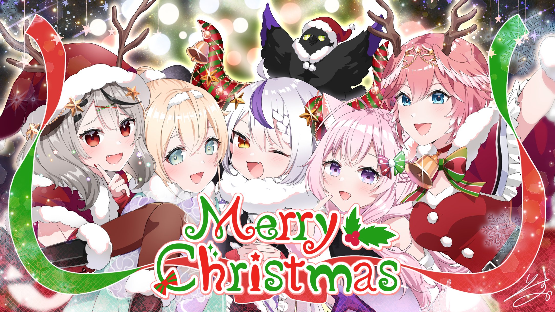 Anime Anime Girls Christmas Holiday Santa Hats Pink Hair Red Eyes Aqua Eyes Purple Eyes Blue Eyes Op 2169x1220