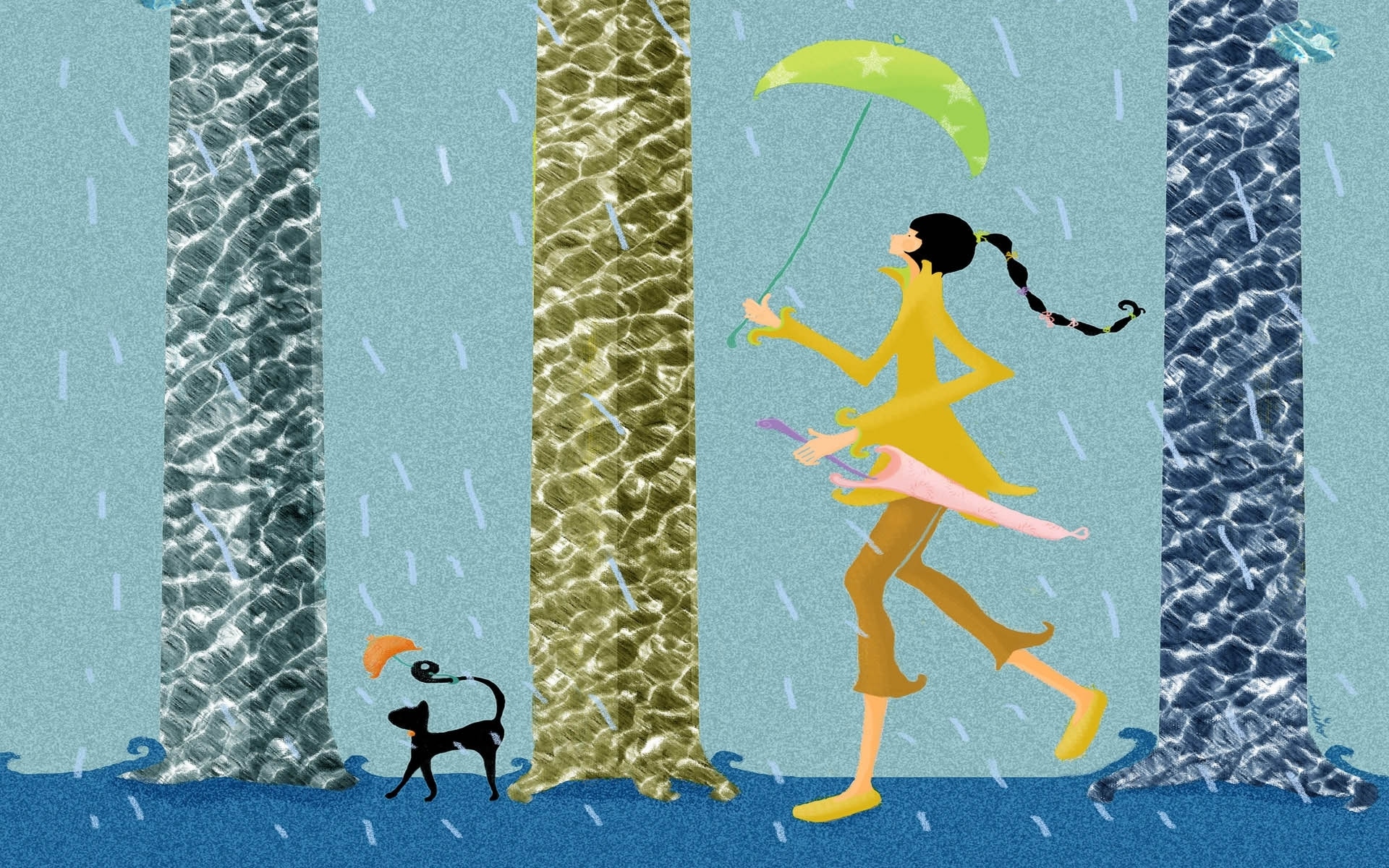 Girl Woman Cat Rain Umbrella 1920x1200
