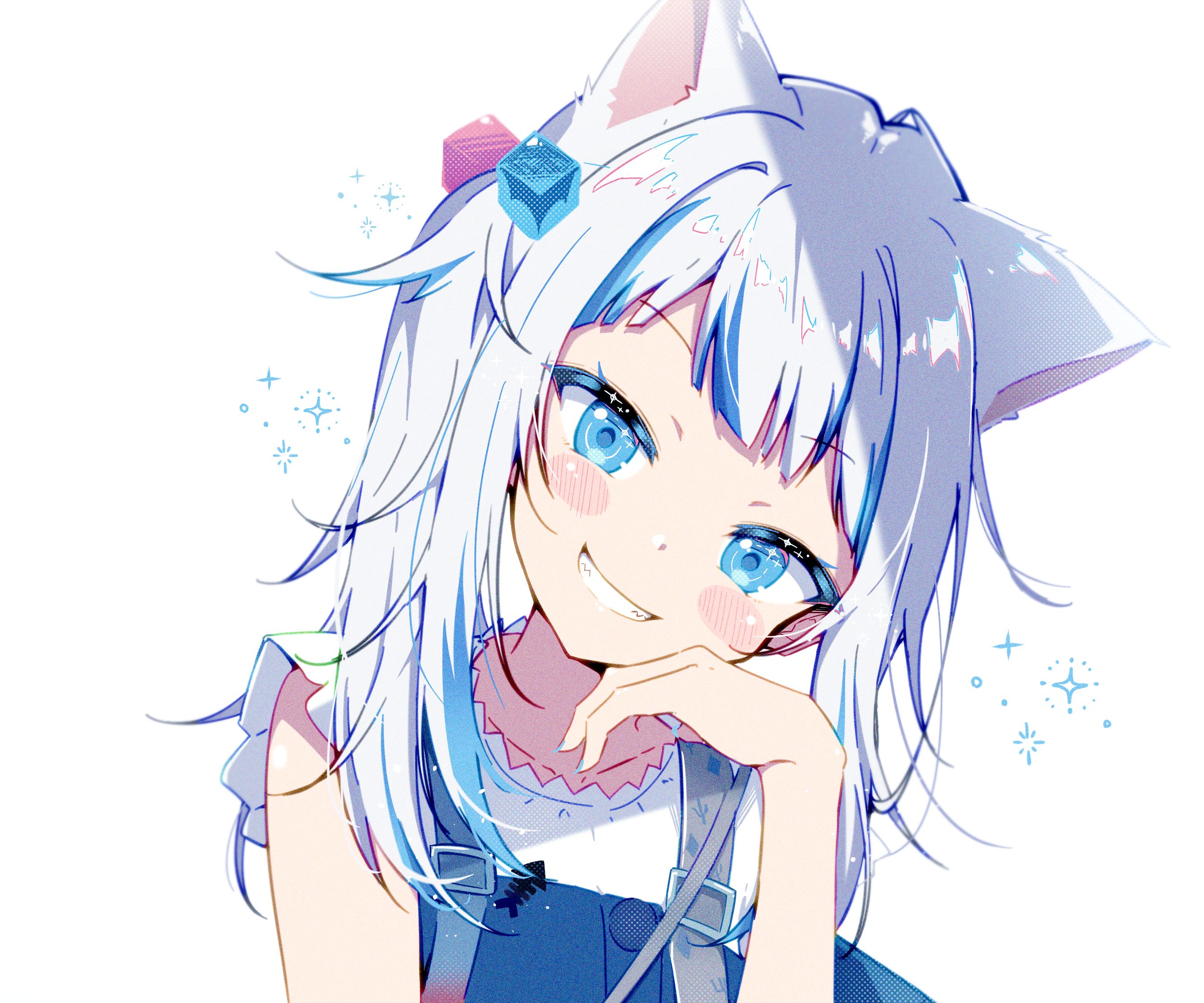 Virtual Youtuber Gawr Gura Cat Ears Animal Ears White Hair Blue Eyes Smiling Hand On Face Dress Whit 2667x2223