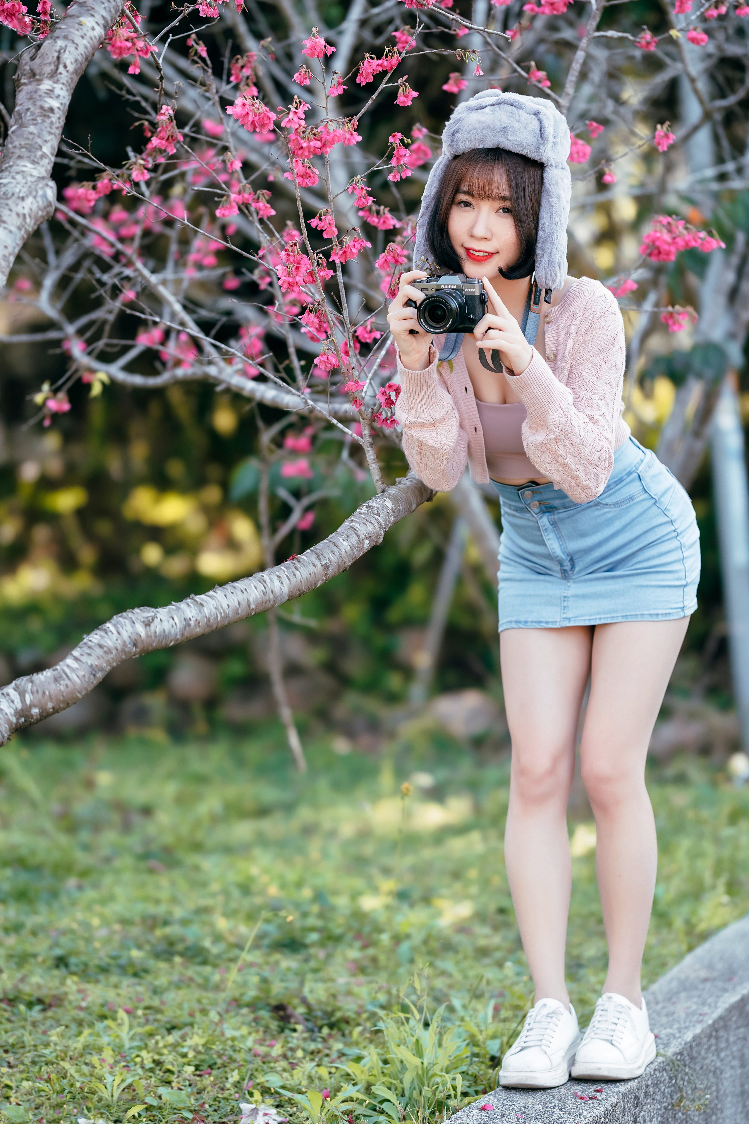 Asian Model Women Dark Hair Short Hair Fur Hat Jeans Skirt White Sneakers Grass Trees Depth Of Field 2560x3840