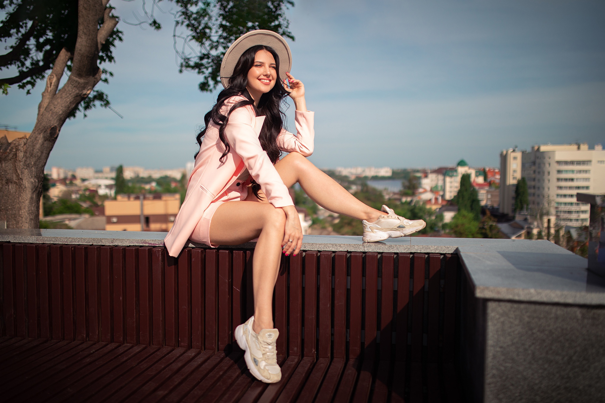 Model Women Red Lipstick Women Outdoors Smiling Shoes Pink Jacket Painted Nails Dark Hair 2048x1365