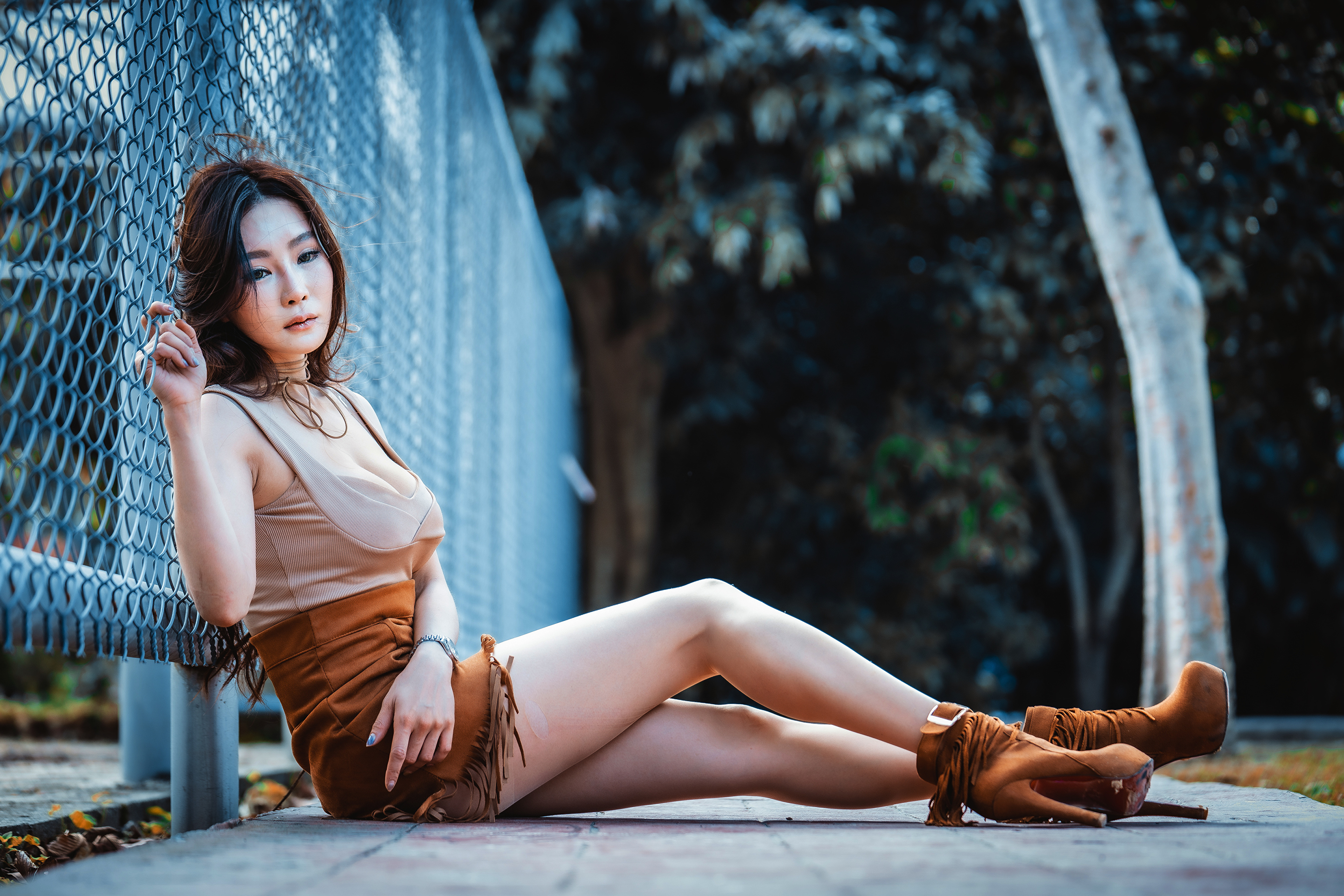 Asian Model Women Long Hair Dark Hair Sitting Fence Wristwatch Depth Of Field Trees Heels Depressing 3840x2561
