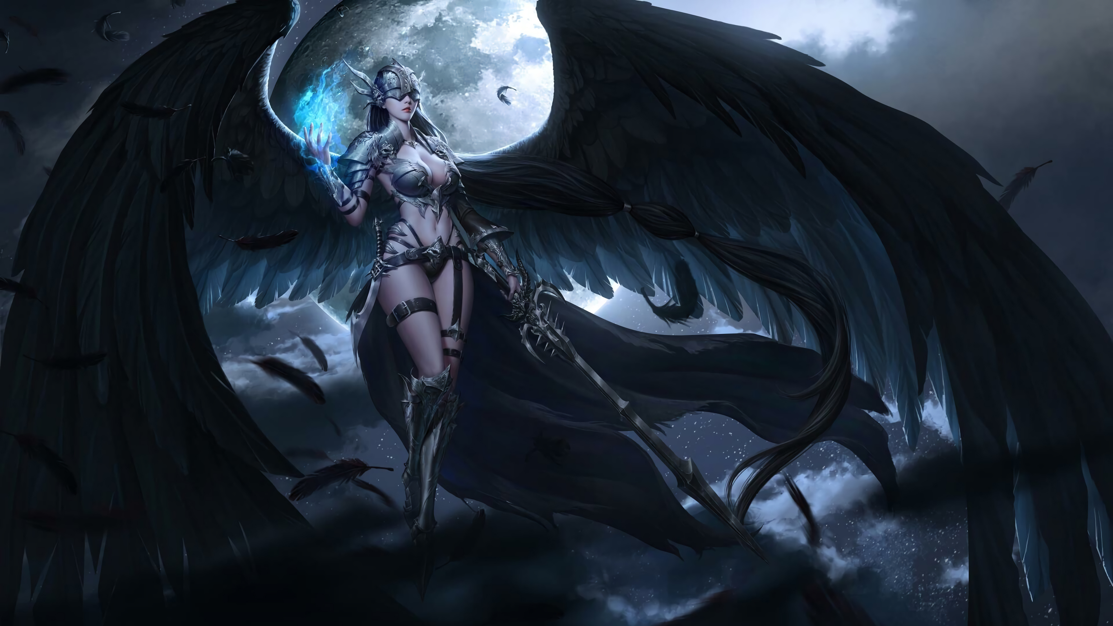 Angel Warrior Female Warrior Sword Armor Night Moon Fallen Angel 3840x2160