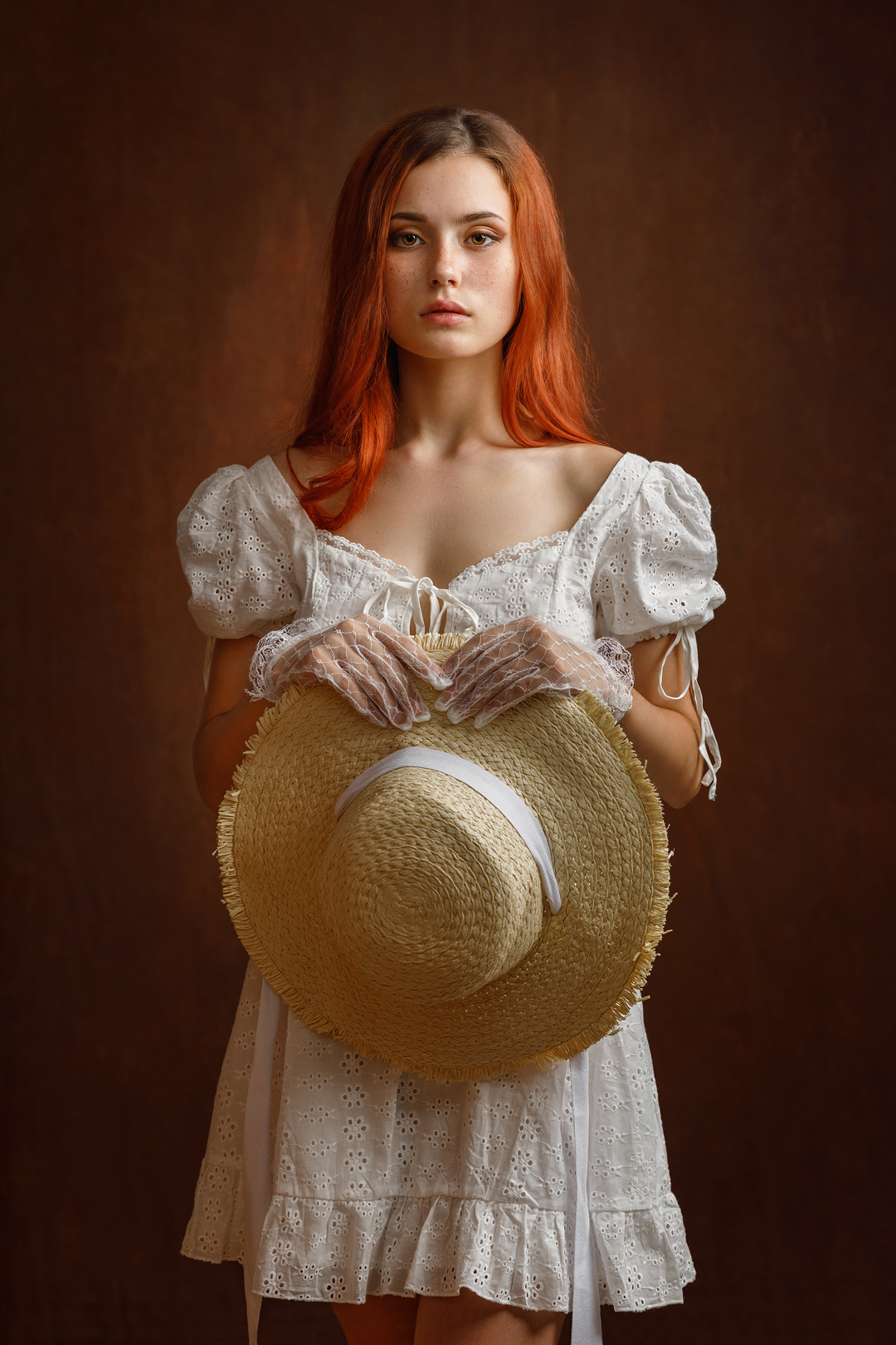 Sergey Sergeev Women Redhead Long Hair Looking At Viewer Dress White Clothing Hat Straw Hat Simple B 1080x1620