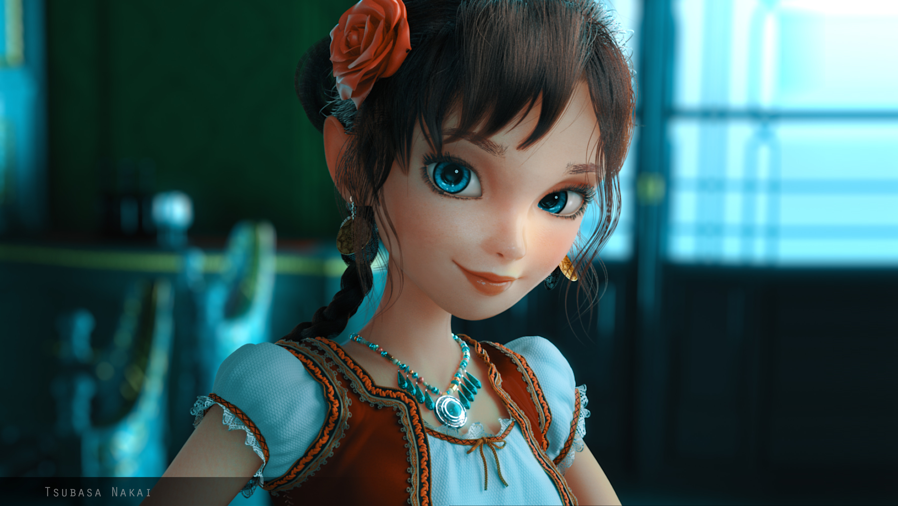ArtStation Women Face Looking At Viewer CGi Fantasy Girl Flower In Hair Rose Flowers Plants Blue Eye 3600x2028
