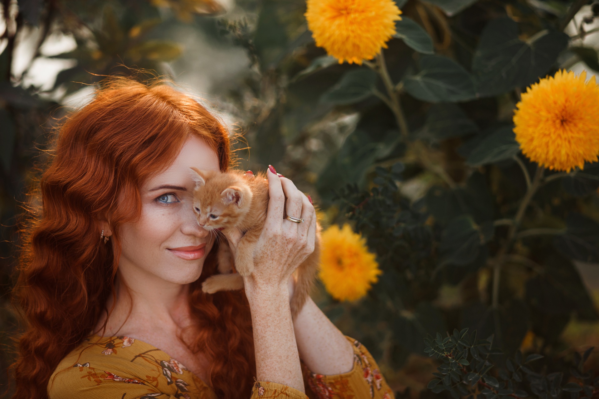 Girl Kitten Redhead Cat Pet Blue Eyes Woman 1920x1280