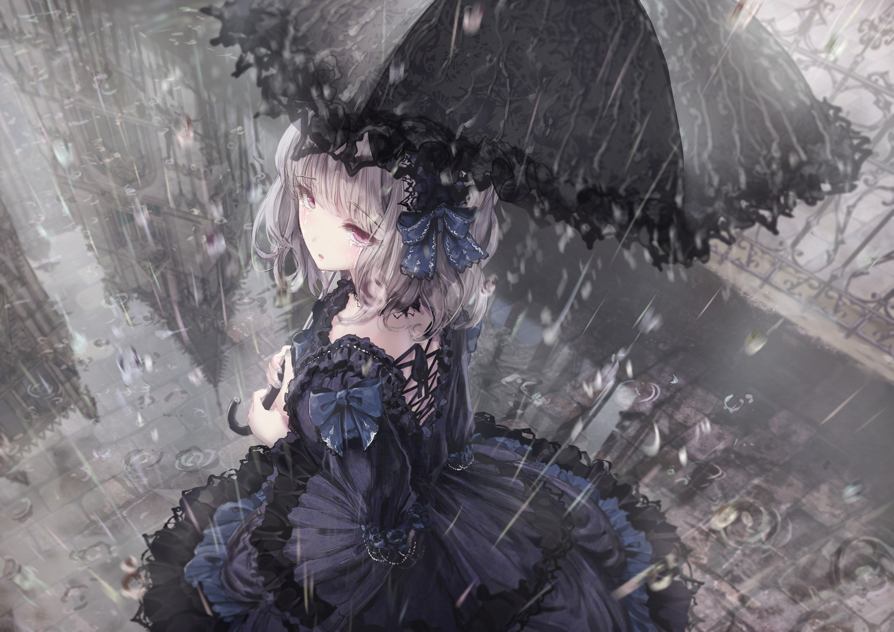 Anime Anime Girls Rain Umbrella High Angle 1842x1302