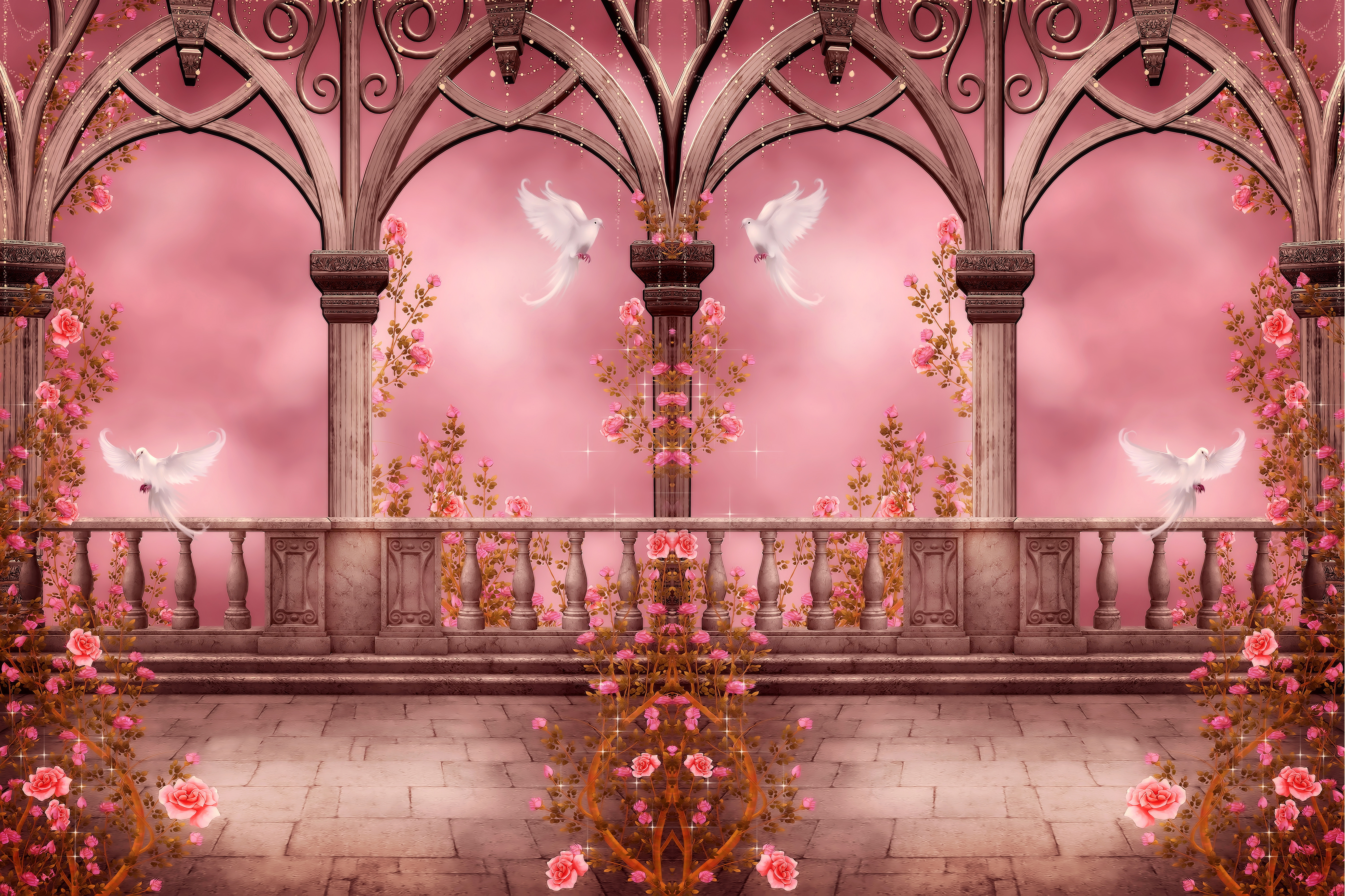 Fantasy Pink Rose Pink Dove Arch Columns Gothic 6000x4000