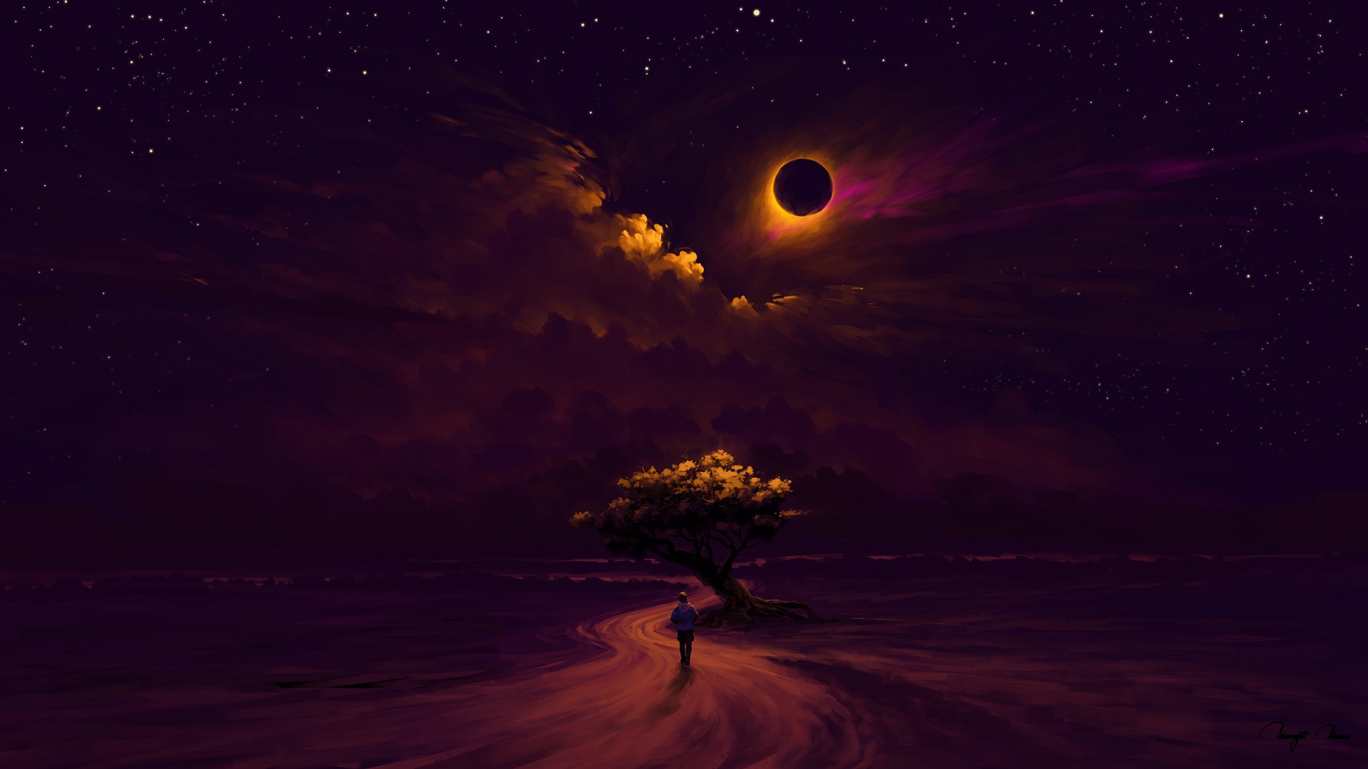 BisBiswas Digital Art Nature Paint Brushes Landscape Digital Painting Eclipse Night Clouds Path Tree 1920x1080