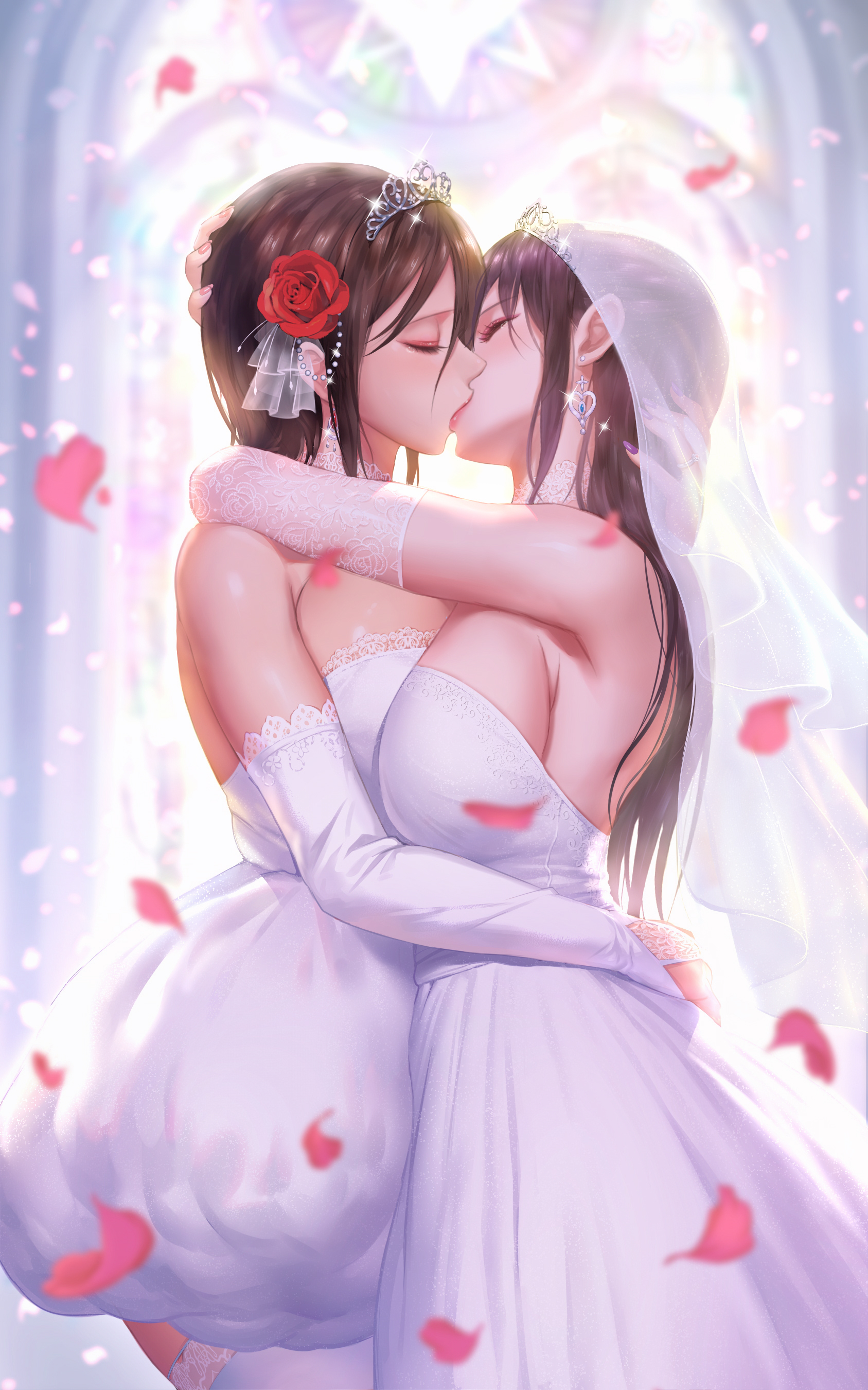 Marriage Anime Artwork Anime Girls Wedding Dress Dress White Dress Kissing  Brunette Rose Armpits Clo Wallpaper - Resolution:1687x2700 - ID:1240009 -  
