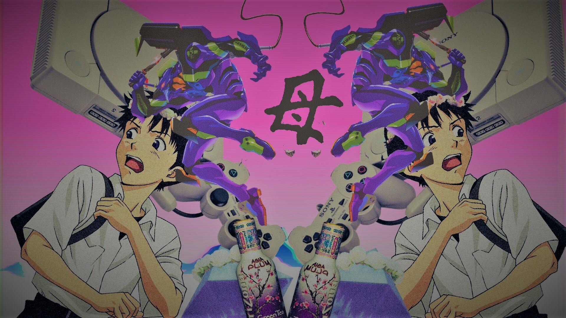Ikari Shinji Vaporwave Dreamcast EVA Unit 01 Arizona Green Tea PlayStation Anime Boys Neon Genesis E 1920x1080