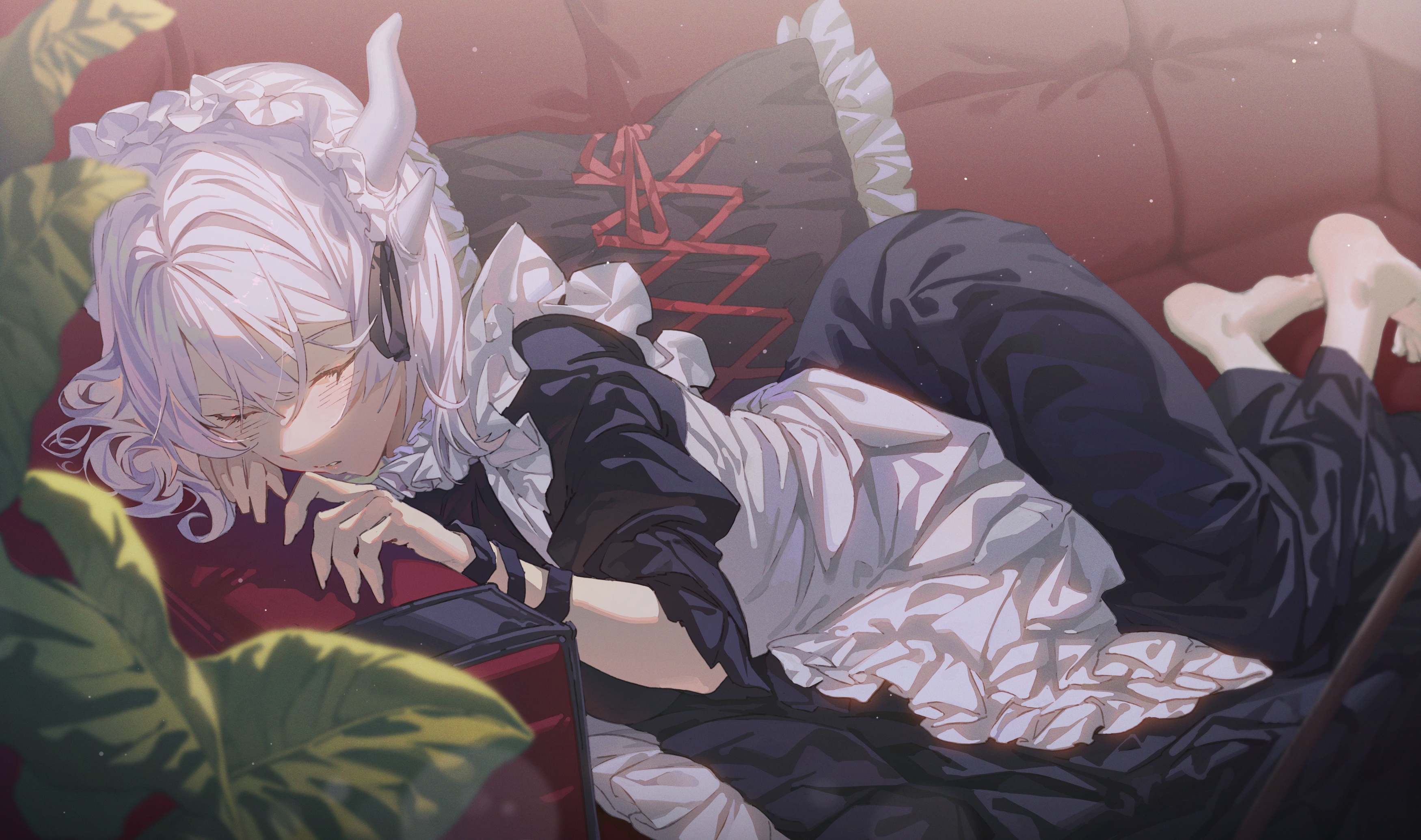 Anime Anime Girls Couch Plants Leaves White Hair Hair In Face Barefoot Red Couch Horns Maid Outfit S 3500x2070