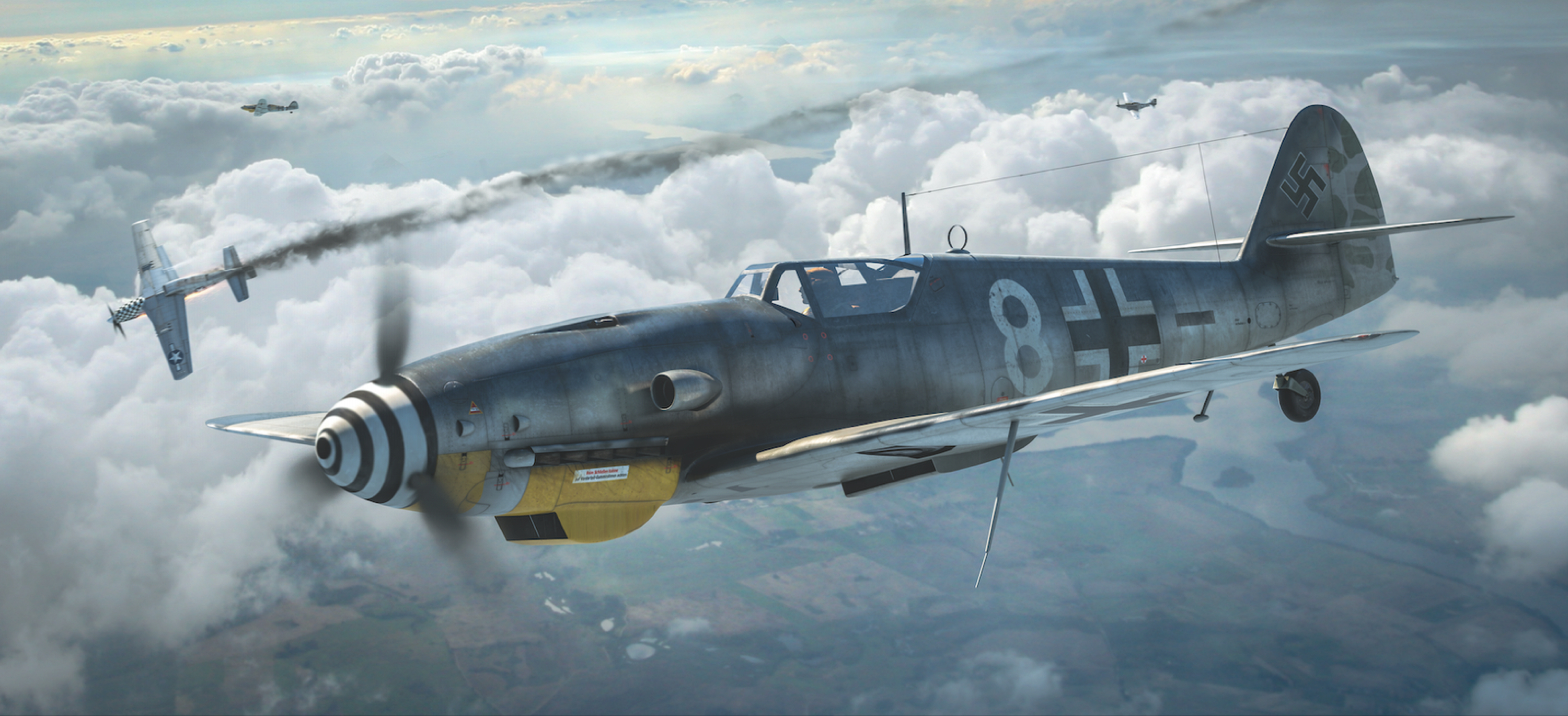 World War Ii Airplane Painting Messerschmitt Bf 109 North American P 51 Mustang 3000x1369
