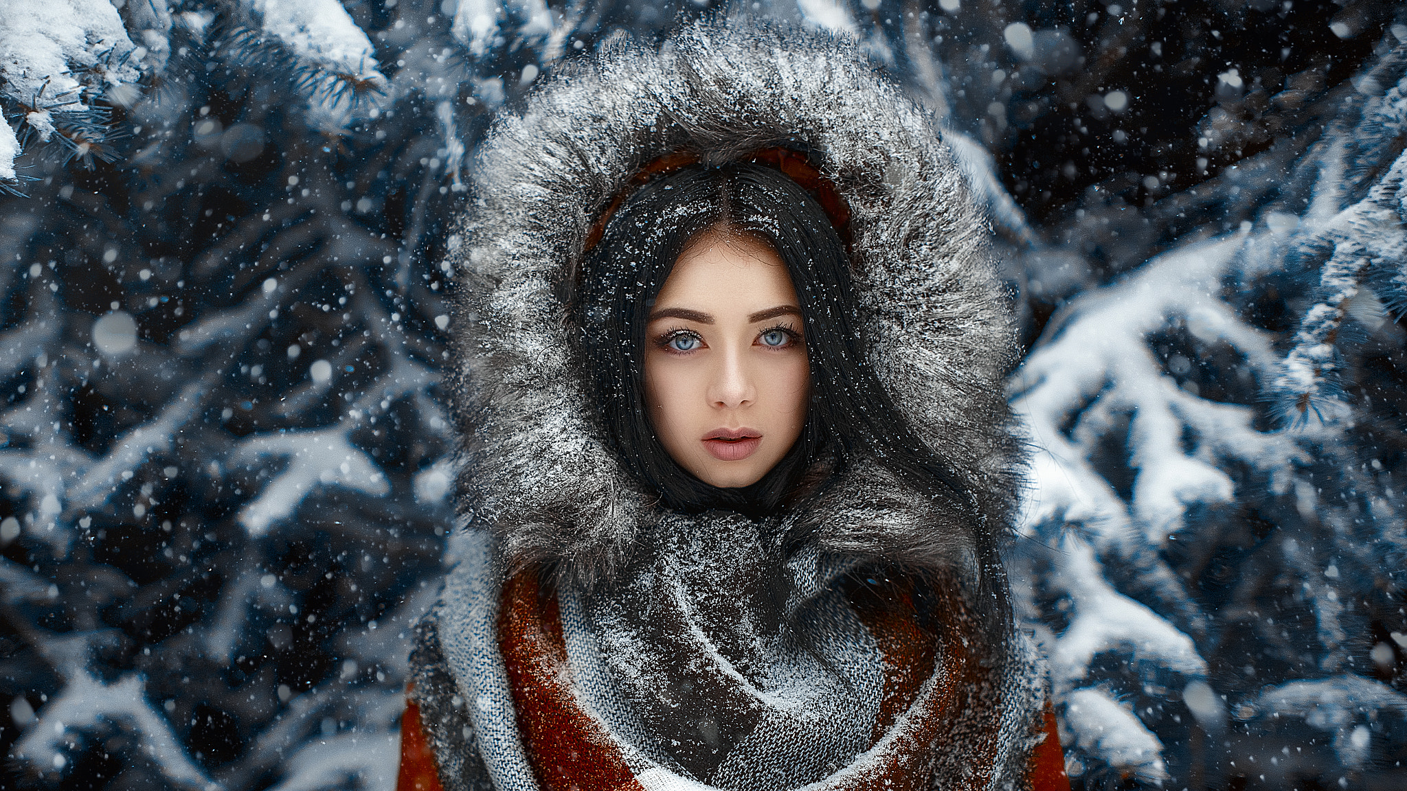 Woman Blue Eyes Black Hair Long Hair Coat Fur Snow Winter 2048x1152