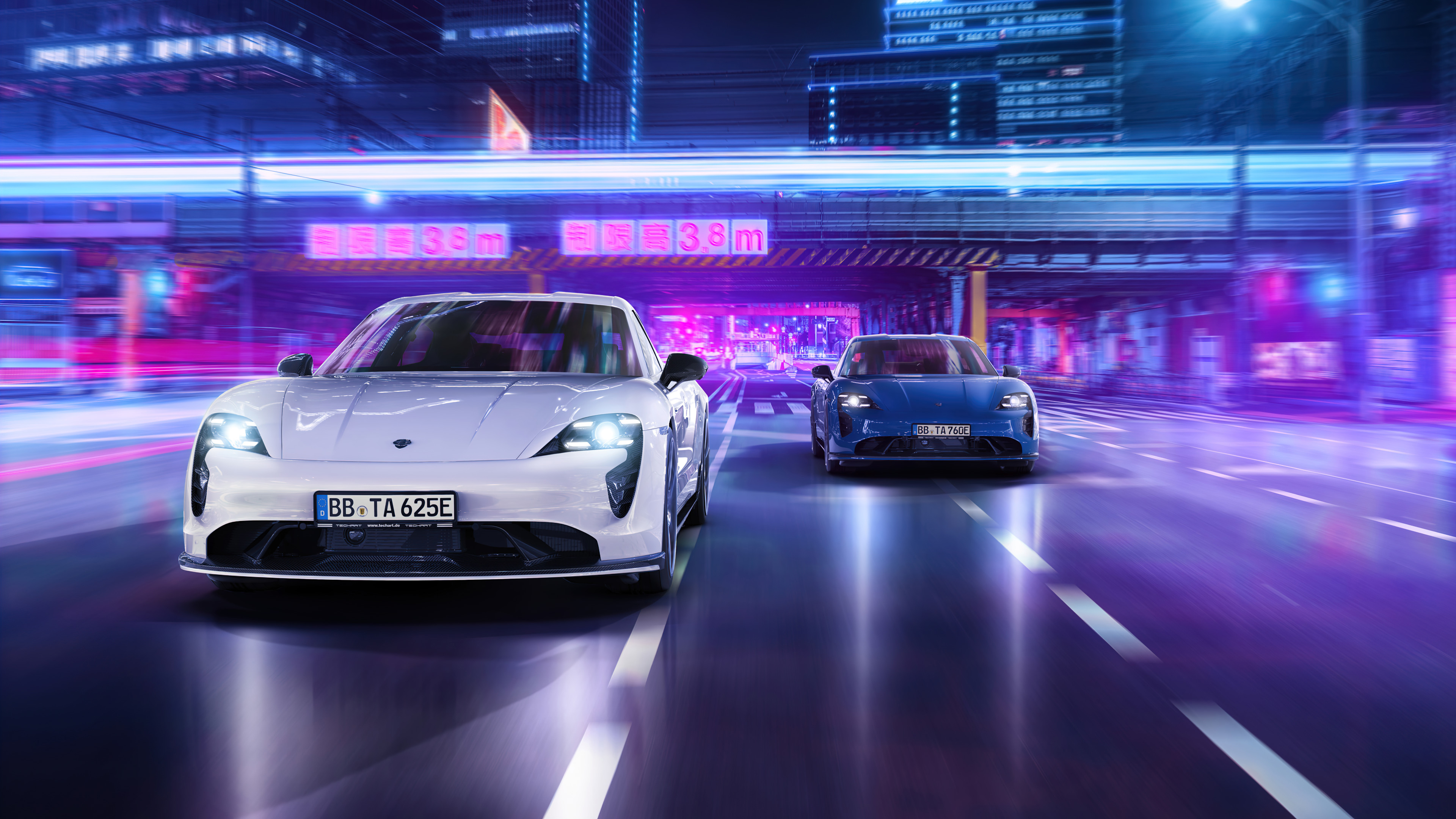 Porsche Porsche Taycan Street Night City Lights Motion Blur Japan Blue Cars White Cars Overpass 3840x2160