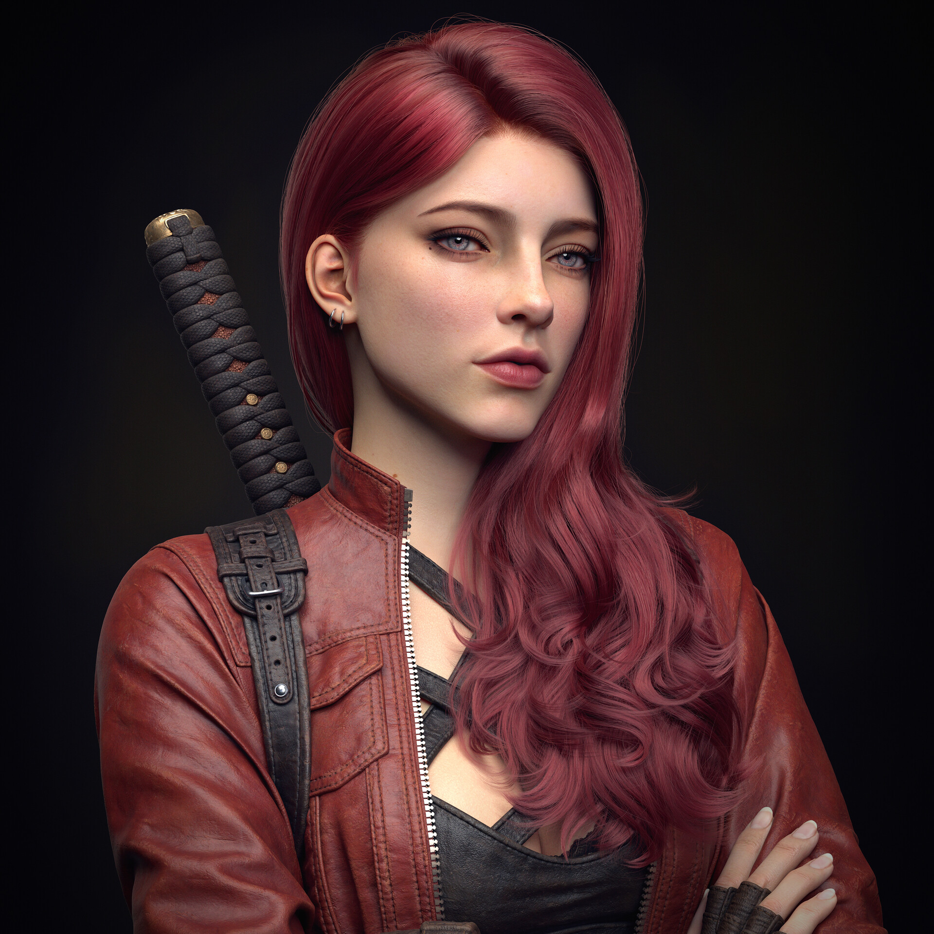 Zhipeng Ai CGi Women Redhead Looking Away Jacket Red Clothing Weapon Hands Crossed Simple Background 1920x1920