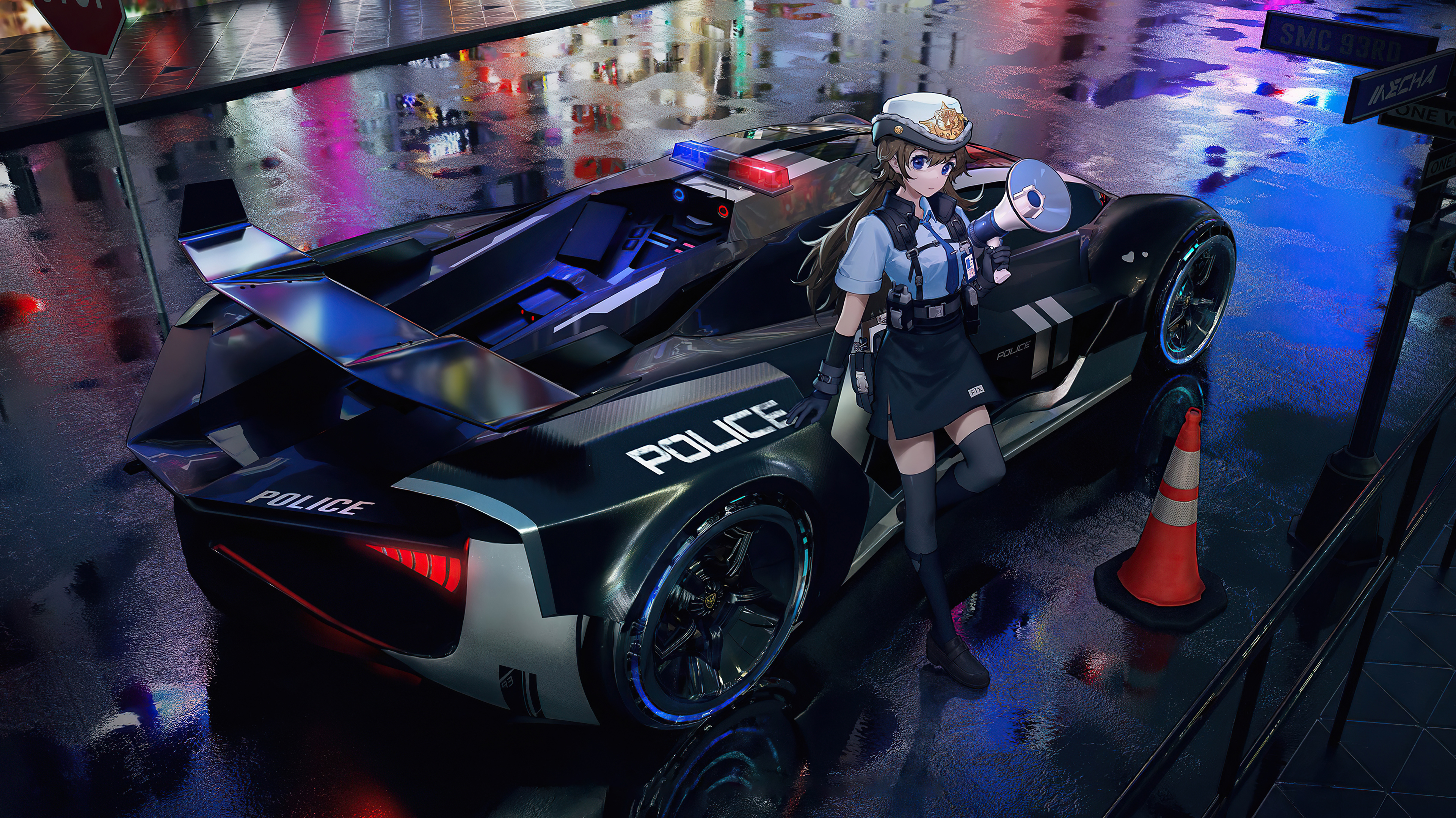 Anime Girls Police Women Vehicle Police Cars Police Costume Wet Street Car Wang Xi 3840x2157