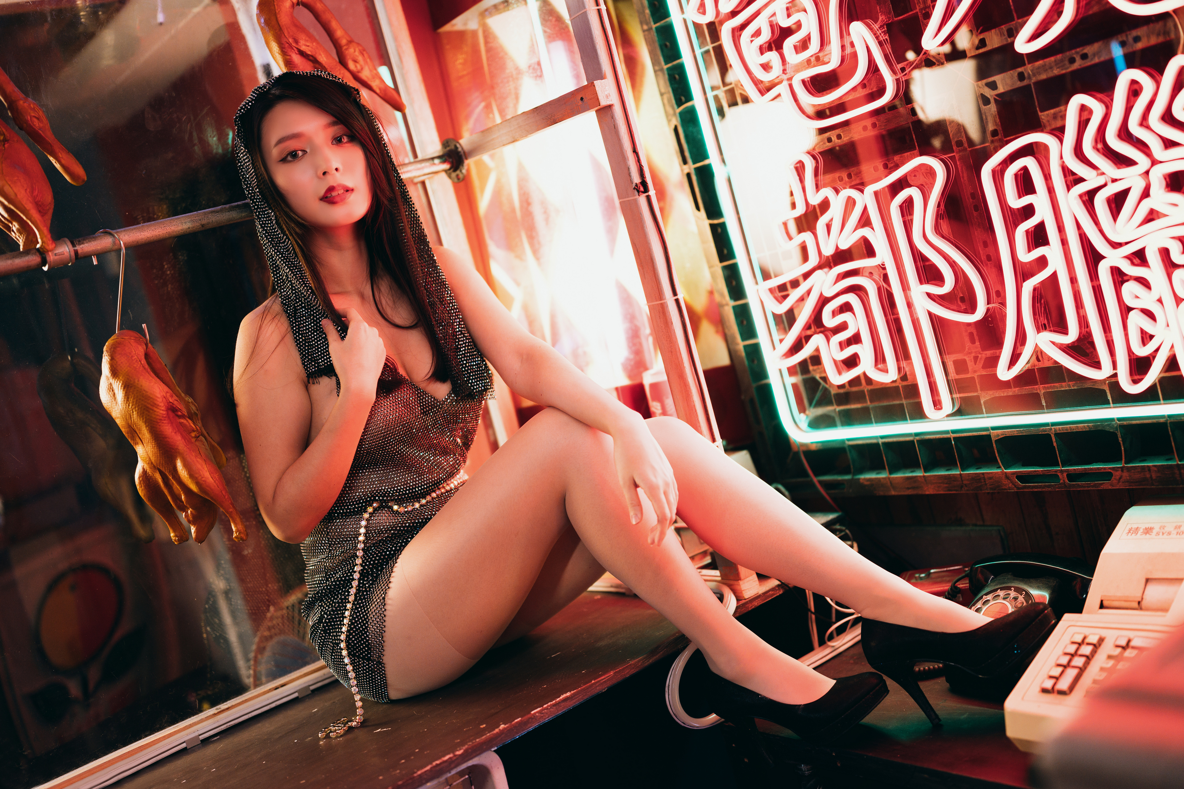 Asian Model Women Long Hair Dark Hair Sitting Black High Heels Telephone Neon Sign Duck Countertops 3840x2560