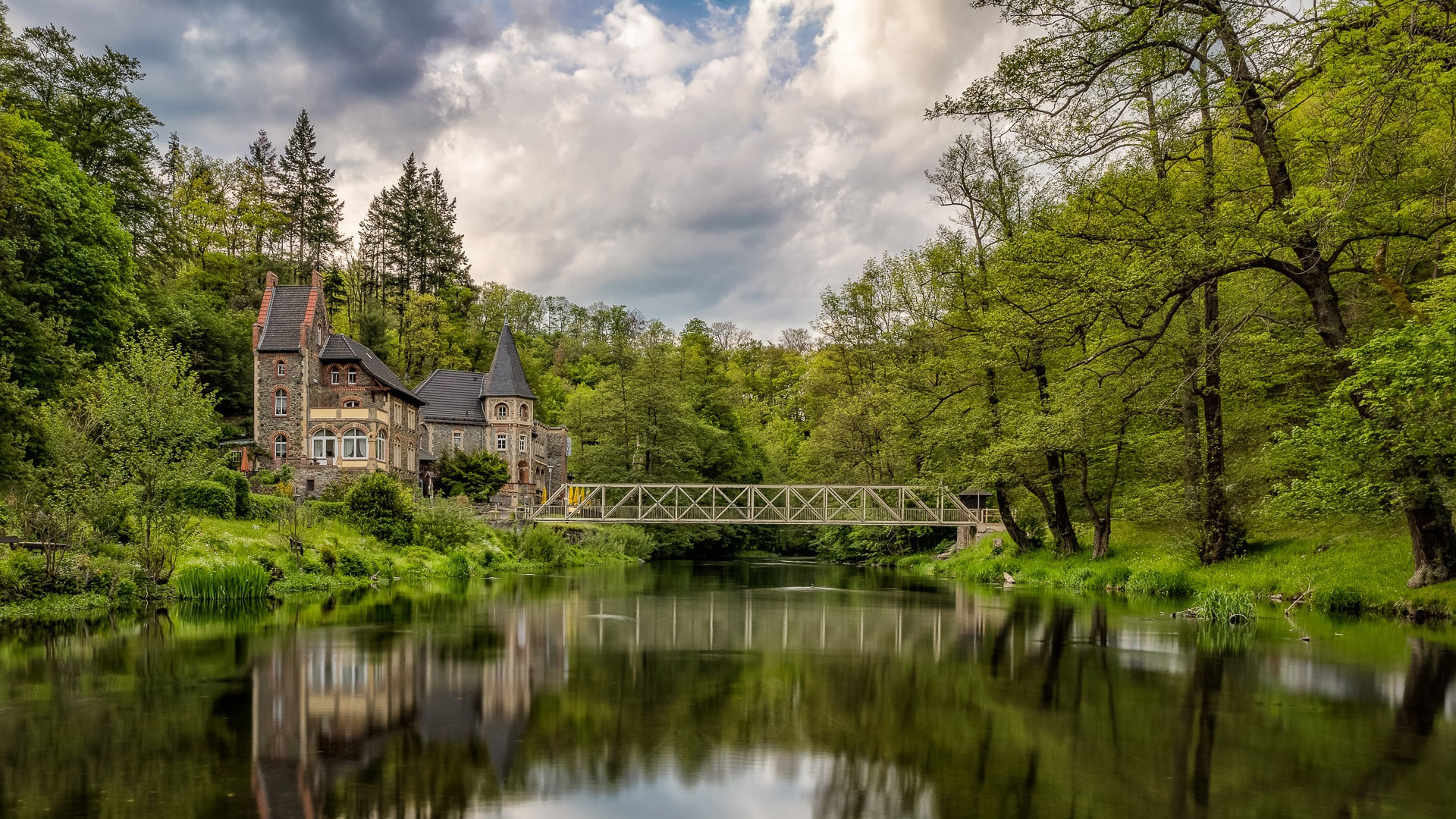 Nature Landscape Trees Lake Bridge Mansion Reflection Forest Clouds Saxony Germany 1920x1080