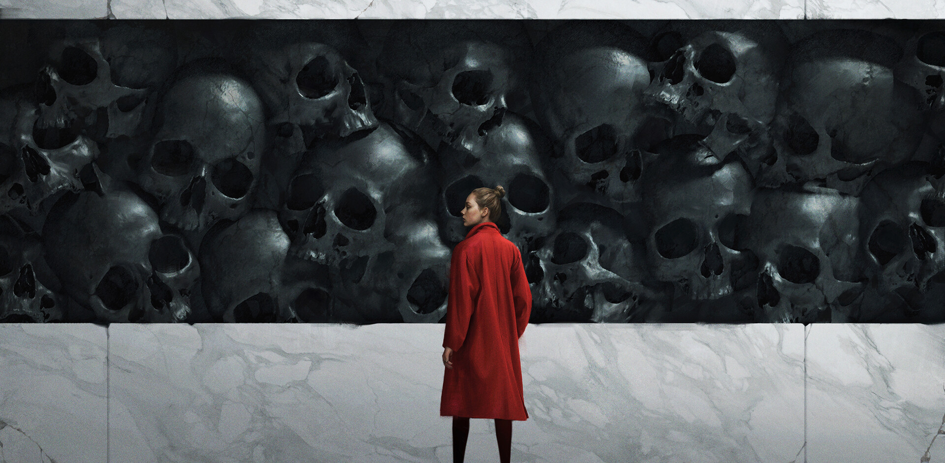Jinho Bae Artwork ArtStation Women Standing Skull Red Jackets Contrast 1920x941