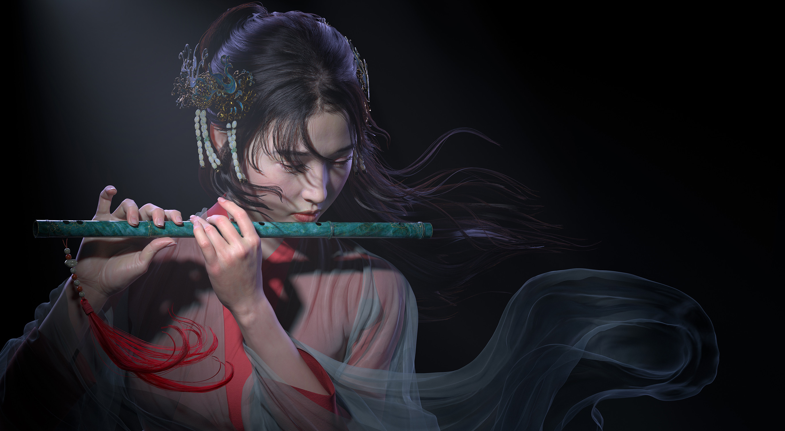 Qi Sheng Luo CGi 3D Artwork Digital Art 3d Design Flute Red Clothing Women 2732x1500