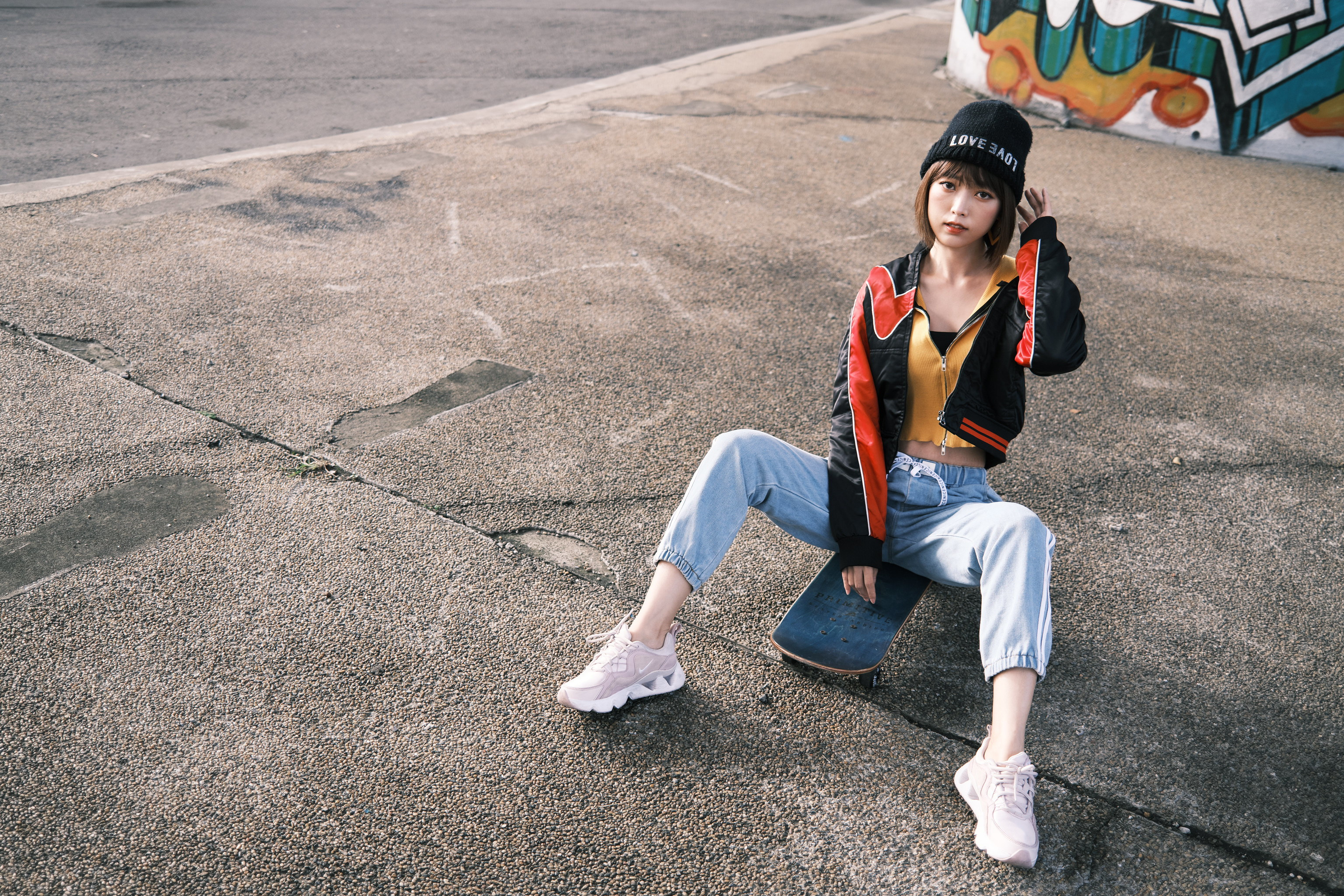 Asian Model Women Women Outdoors Dark Hair Depth Of Field Sitting Skateboard Sneakers Jeans Wool Cap 3072x2048