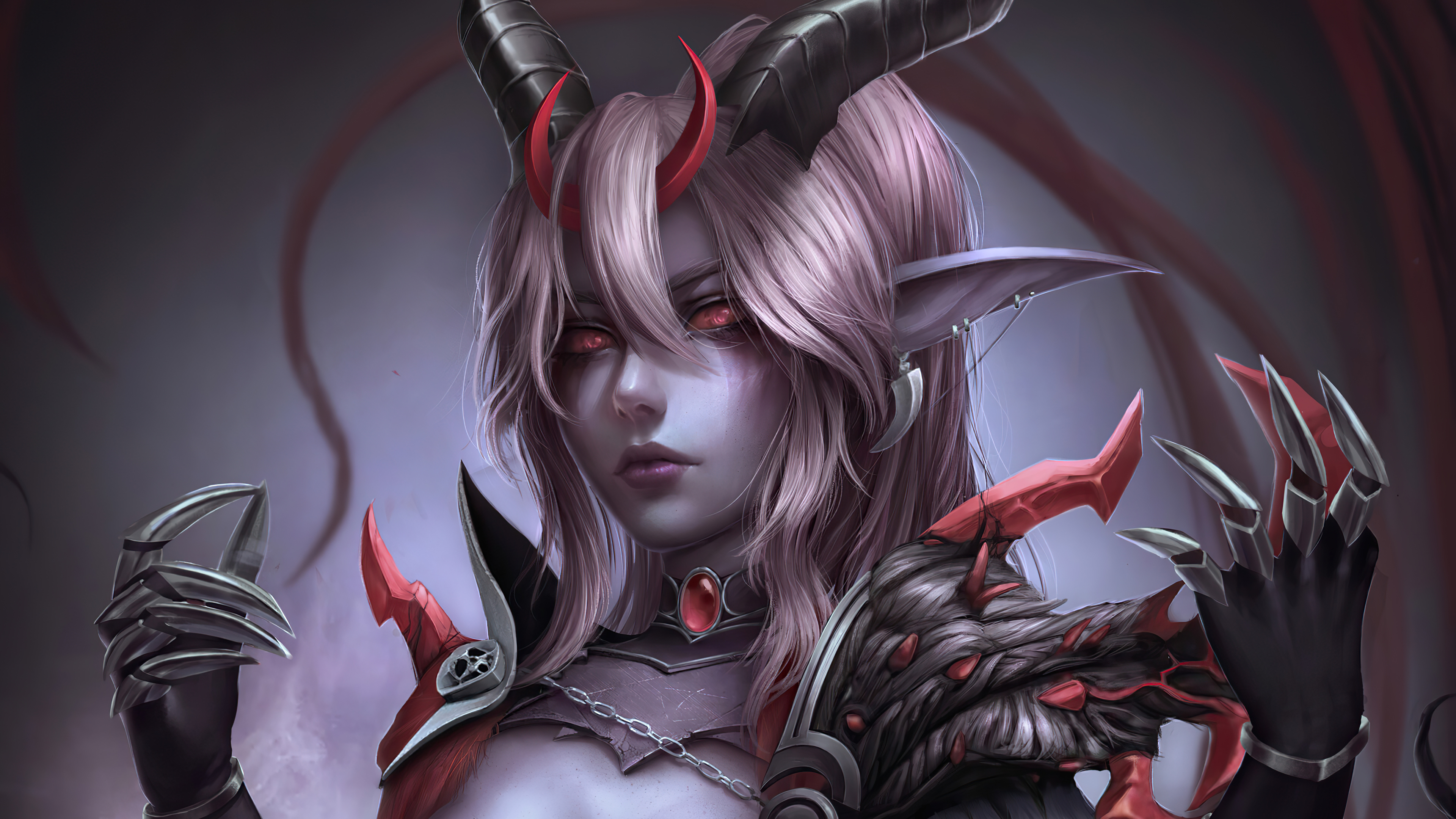 Girl Woman Horns Blonde Red Eyes Pointed Ears 3840x2160