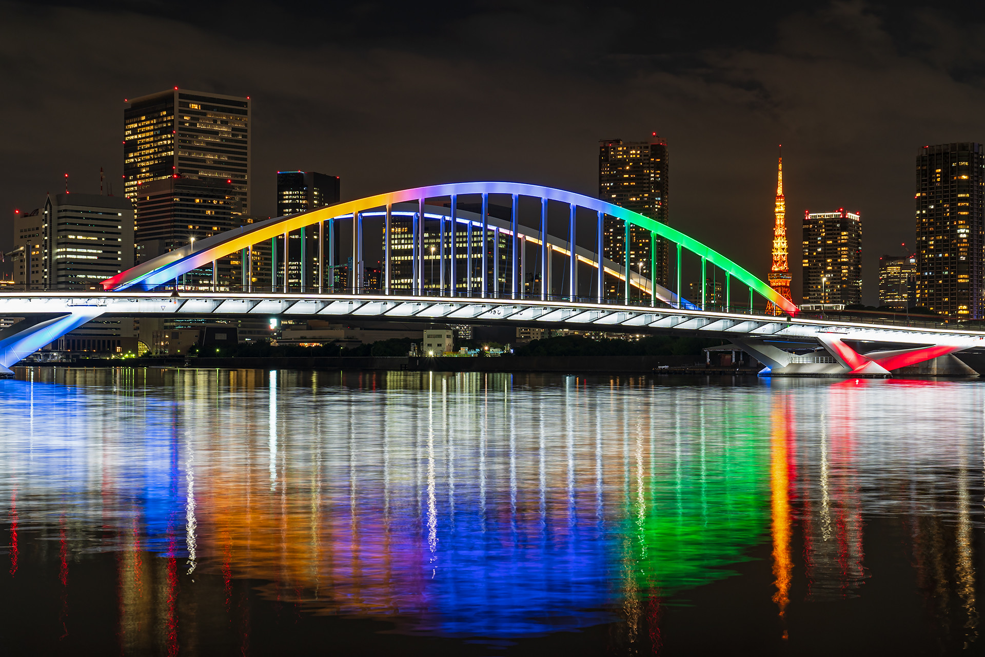 Rainbow Bridge Lights Night City Urban Water Reflection Photography 1920x1280