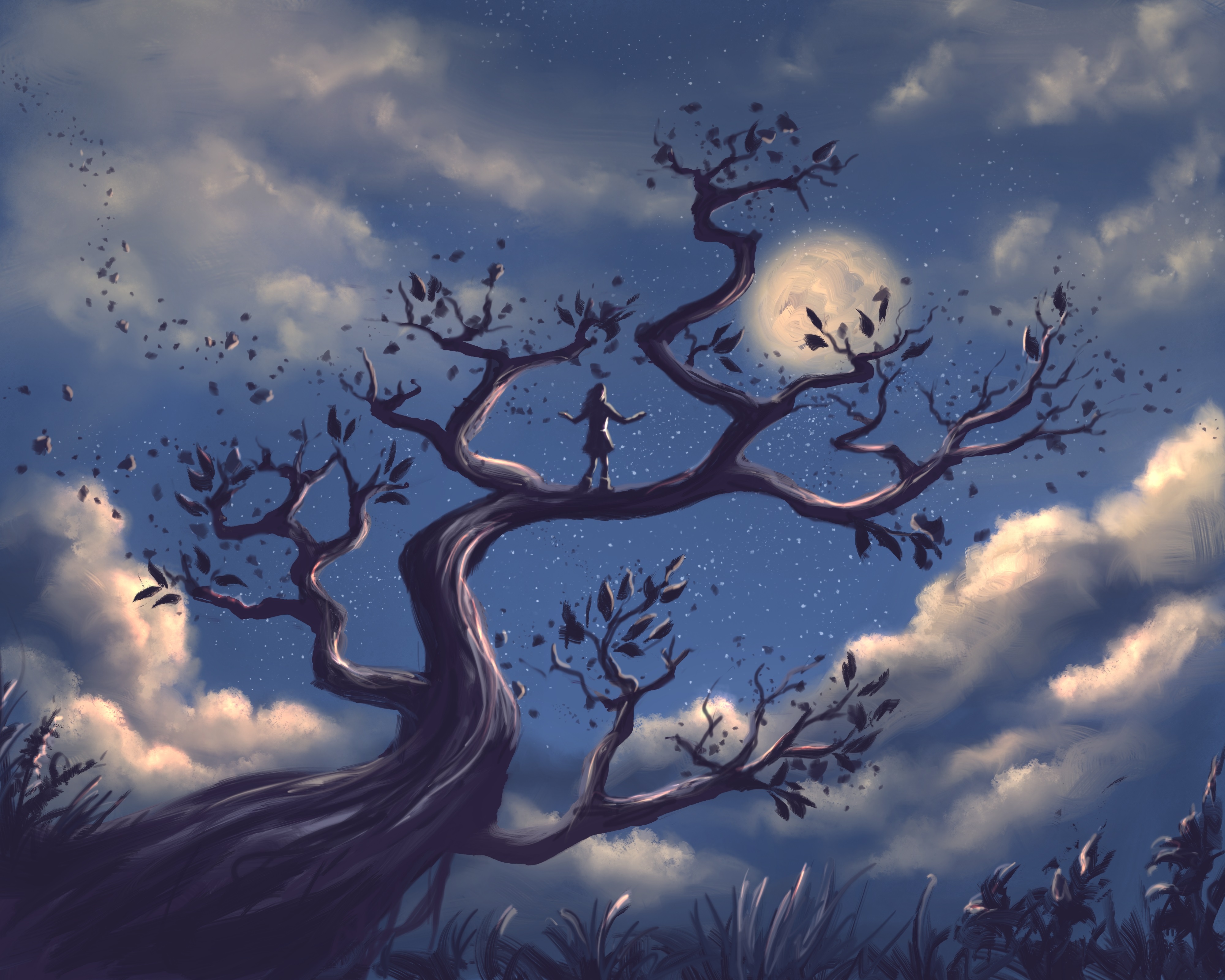 Digital Art Artwork Trees Sky Moon Drawing Nature Night Dark Women Grass Stars Forest Clouds Branch 4000x3200