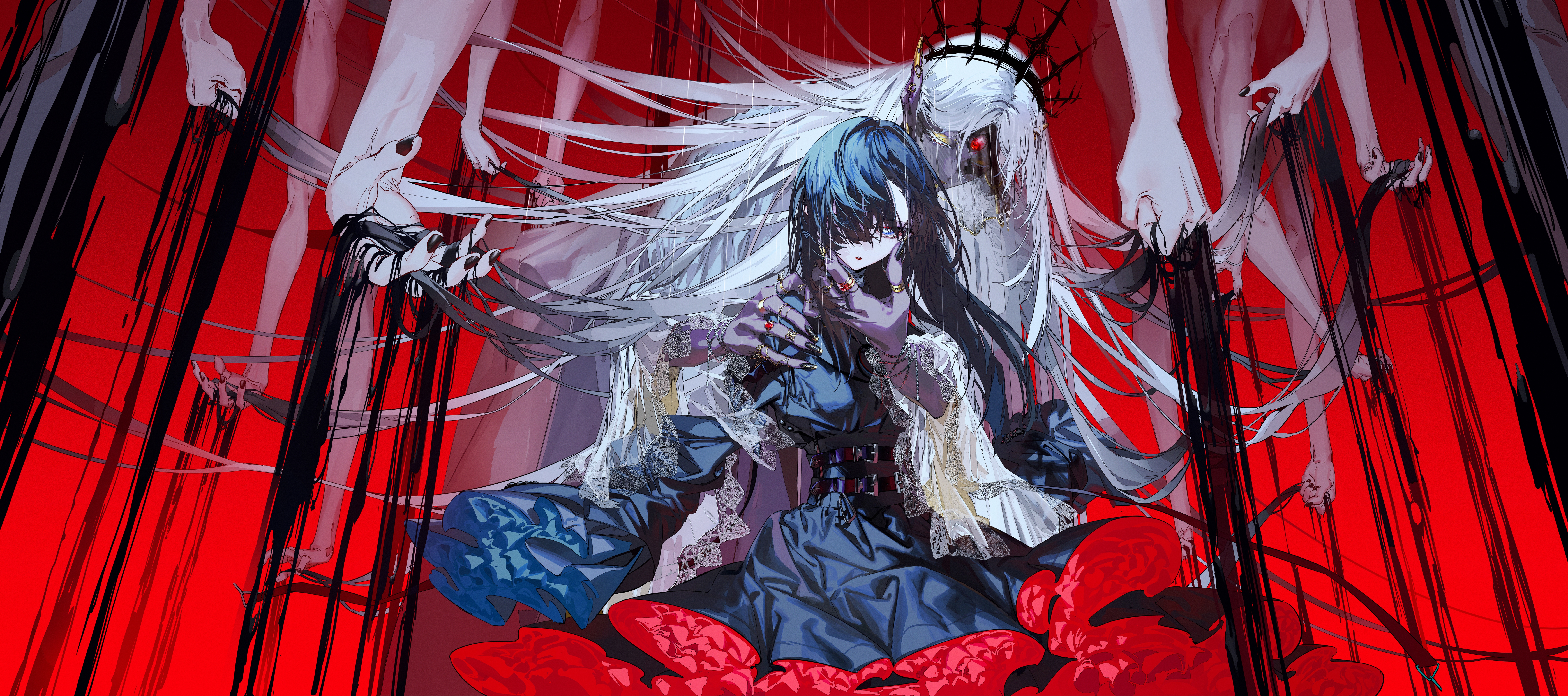 Anime Anime Girls Hands Blue Hair Long Hair Rings Black Nails Blonde Blue Eyes Crown Red Background  8729x3876
