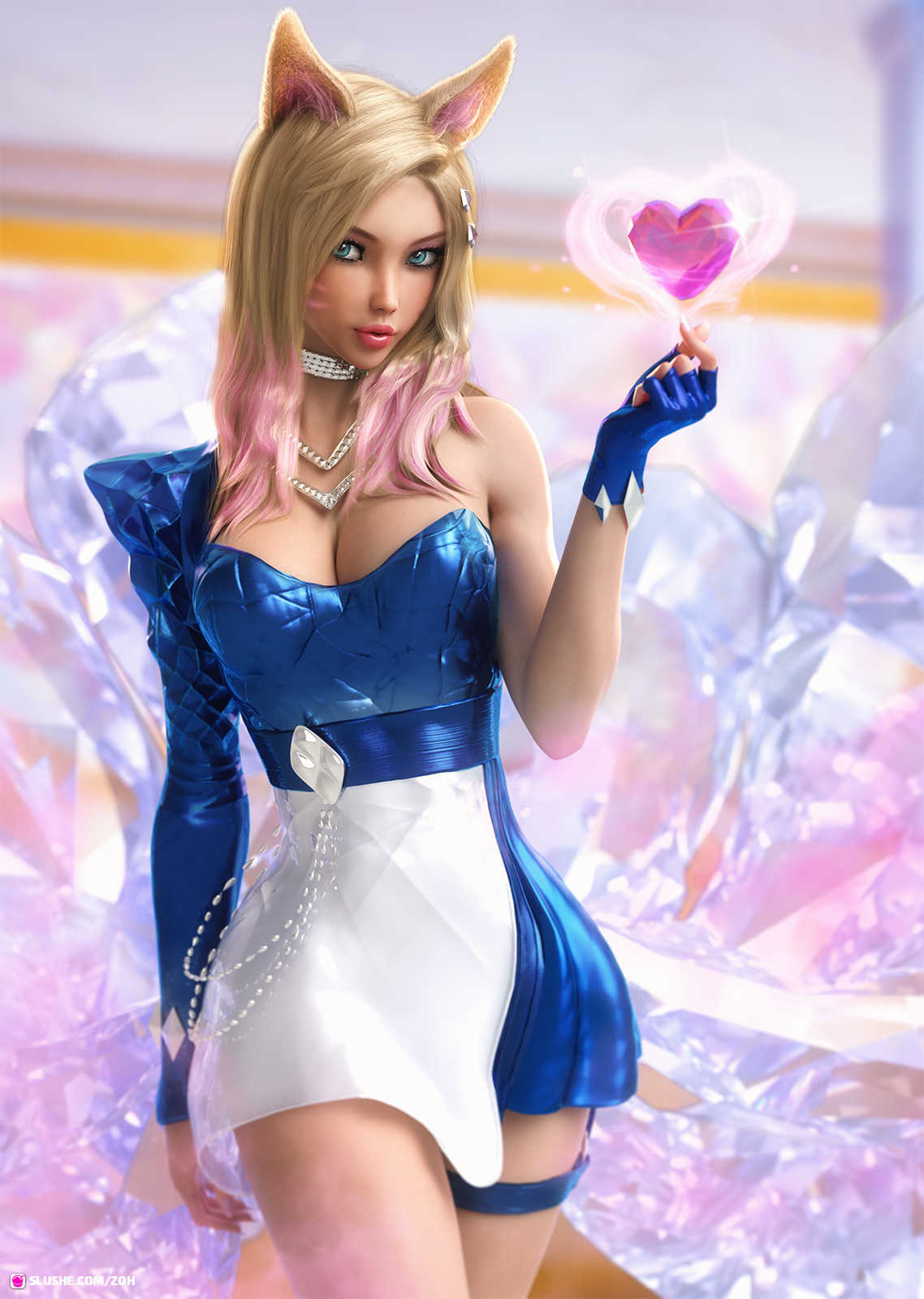 ZOh CGi Women League Of Legends Ahri League Of Legends Dress Fox Girl Blue Clothing Heart Design Pin 1138x1600