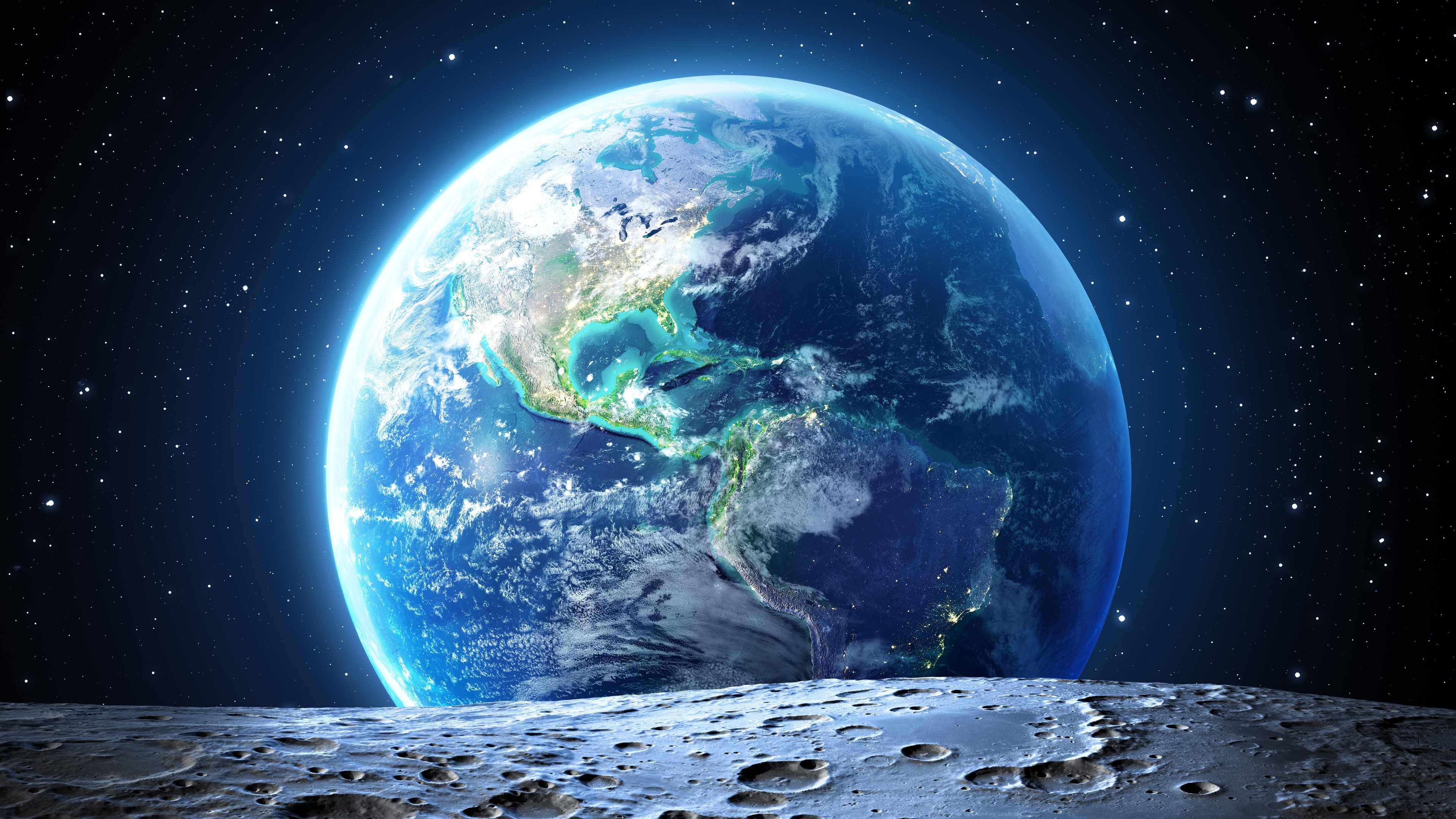 Space World Moon Stars Orbital View Sea Atmosphere Digital Art 3834x2157