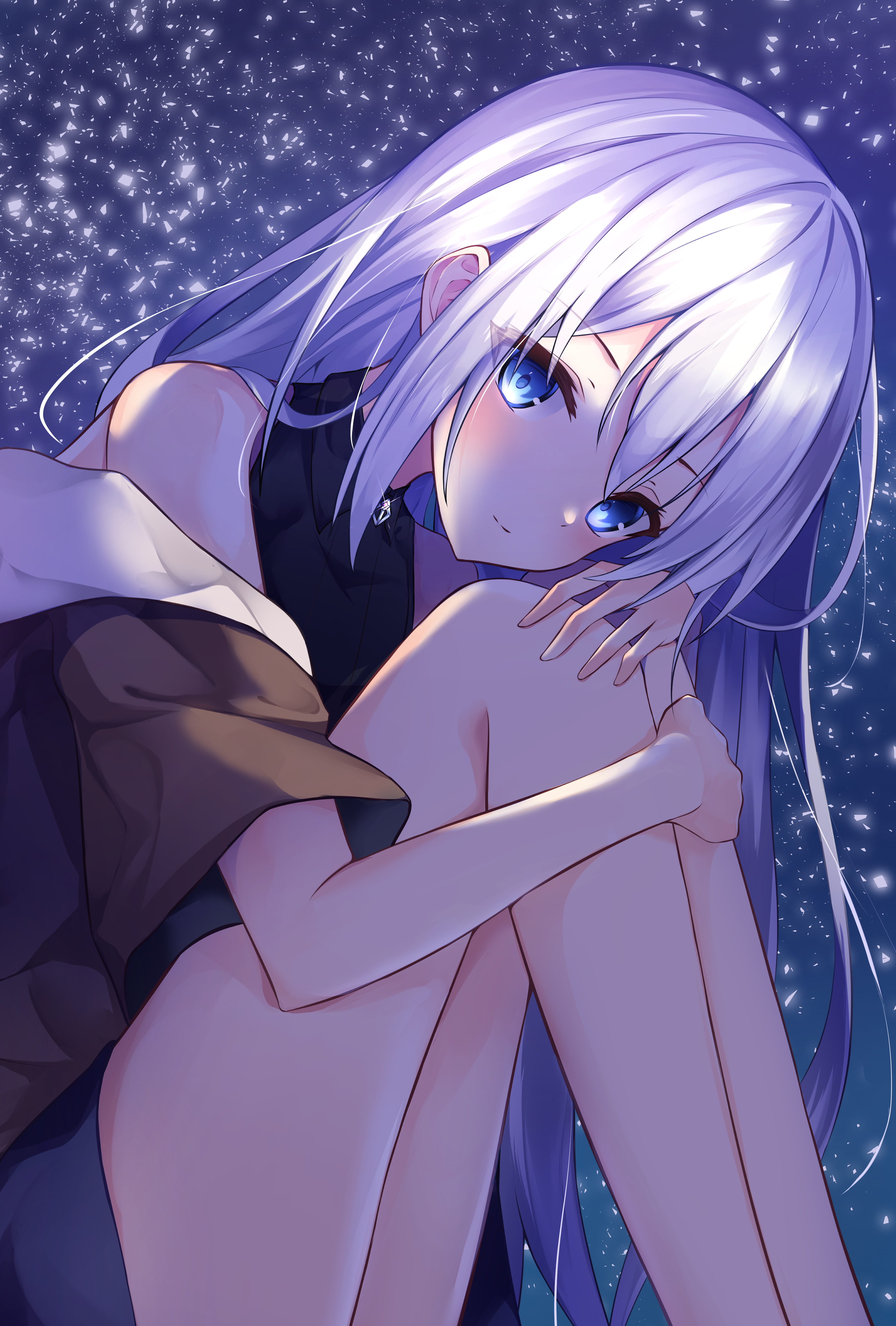 Anime Girls Blue Eyes White Hair Anime Holding Knees 3533x5222